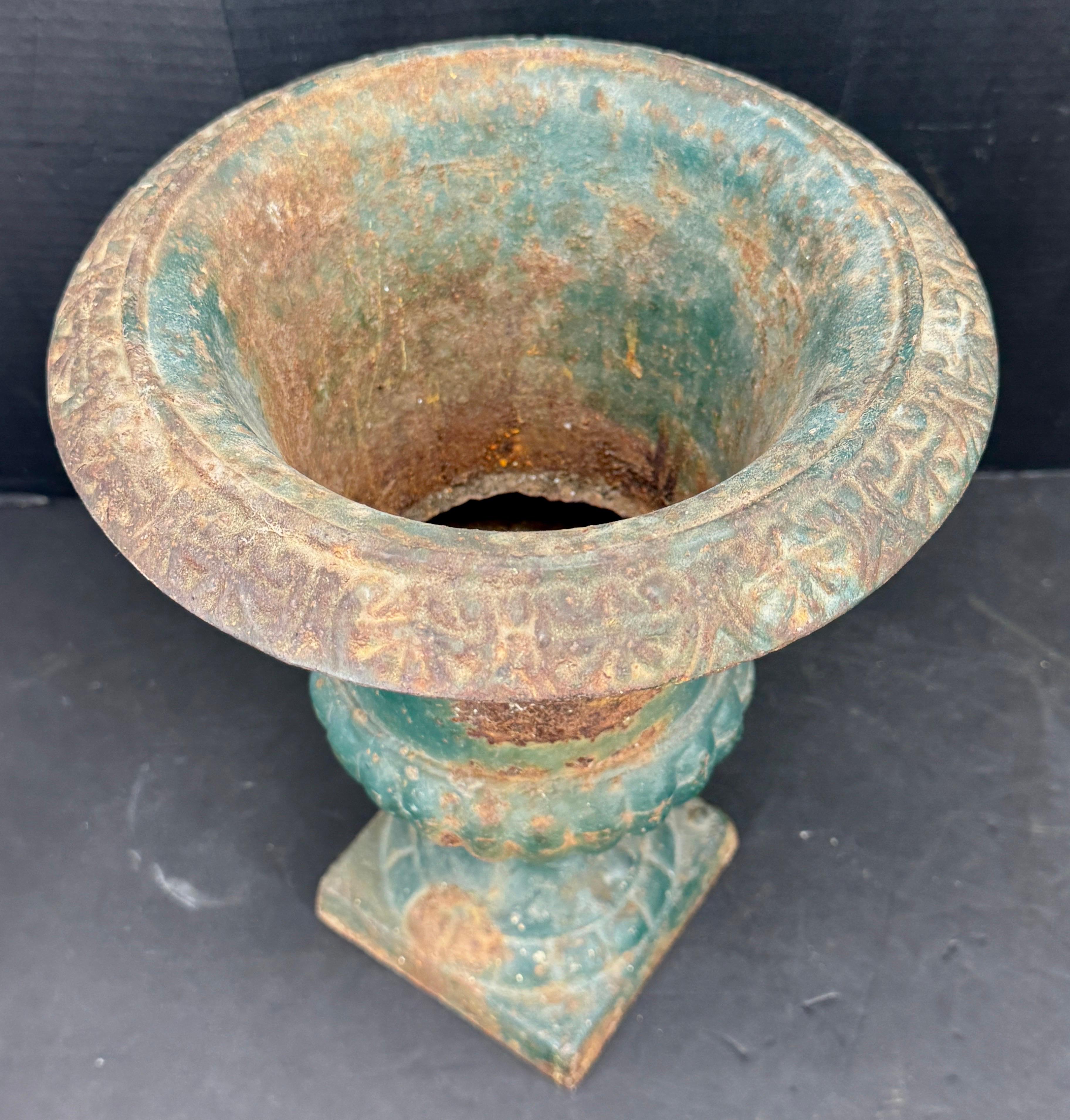 French Cast Iron Green Painted Garden Urn Planter For Sale 6