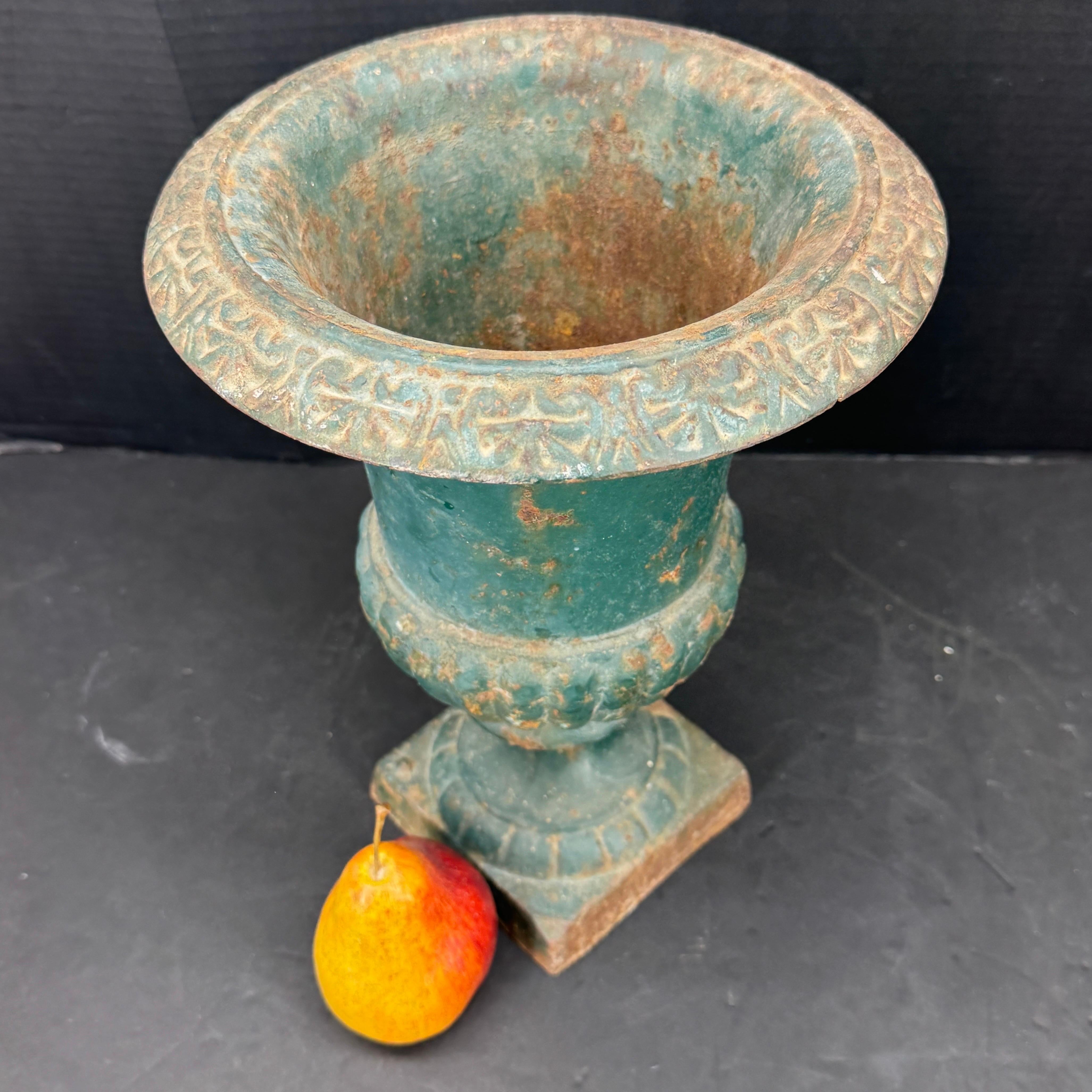 French Provincial French Cast Iron Green Painted Garden Urn Planter For Sale