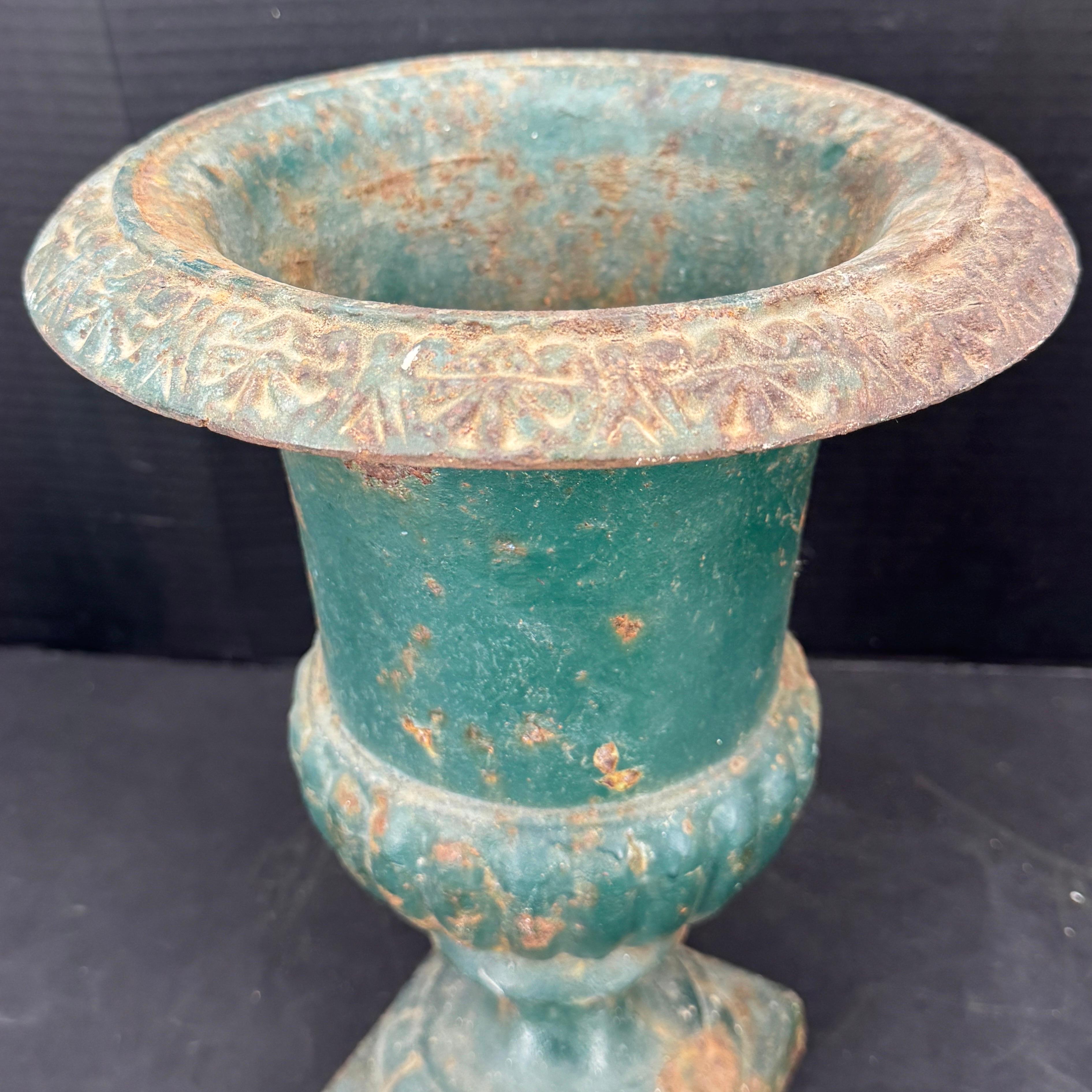 French Cast Iron Green Painted Garden Urn Planter For Sale 1