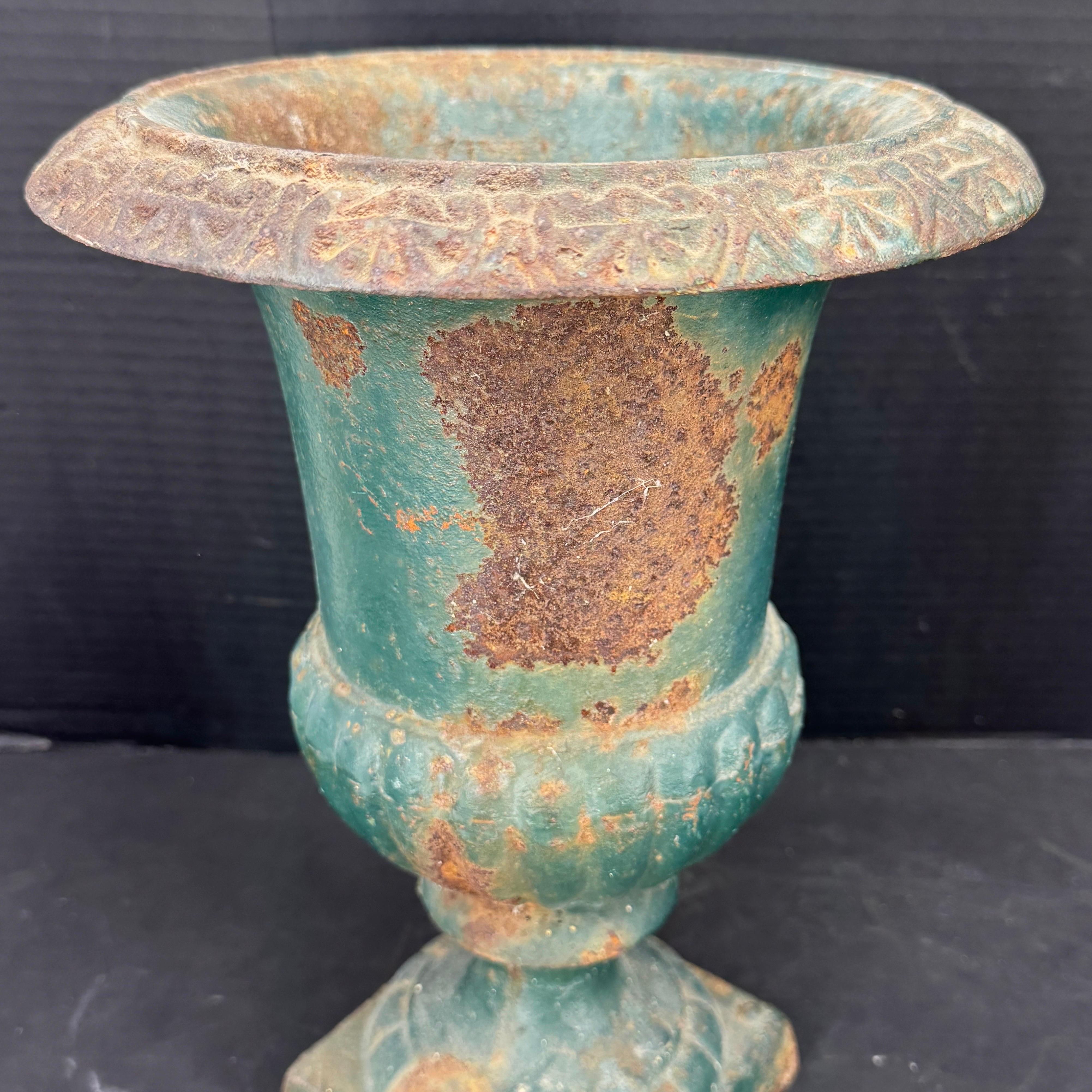 French Cast Iron Green Painted Garden Urn Planter For Sale 3