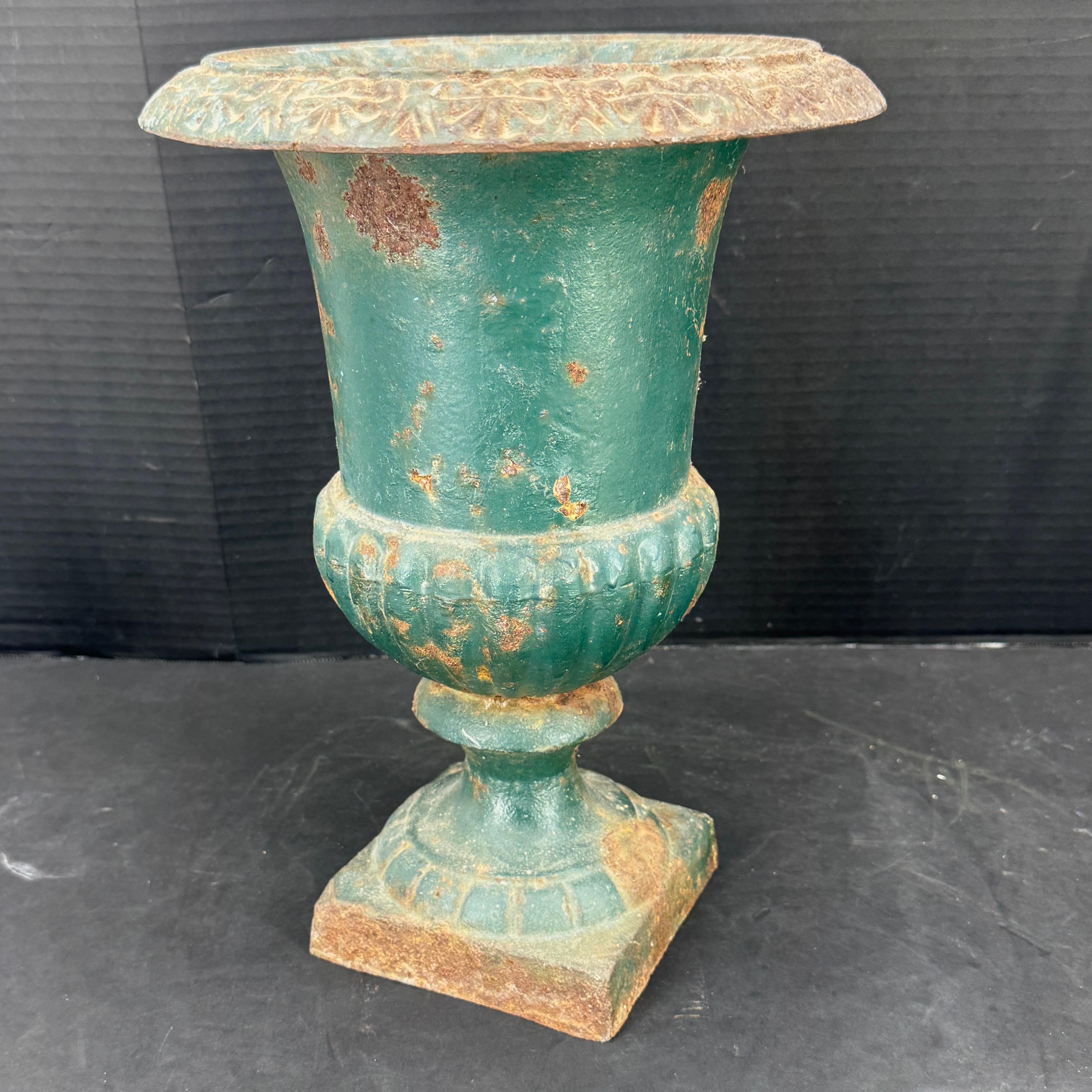 French Cast Iron Green Painted Garden Urn Planter For Sale 4