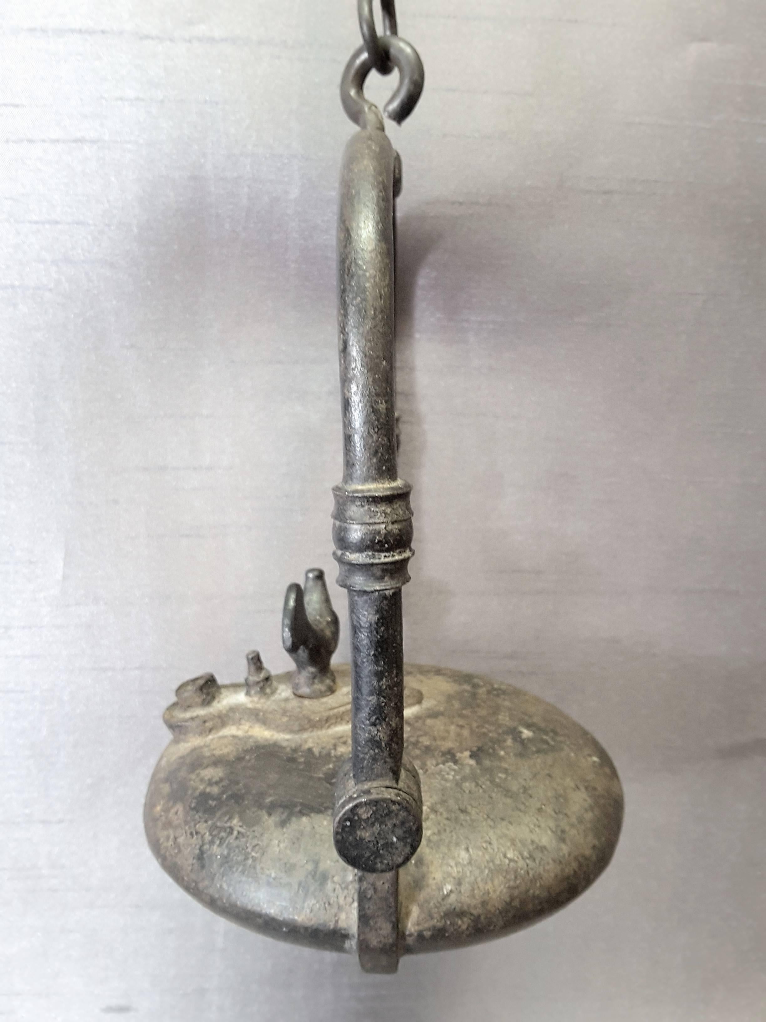 antique cast iron hanging oil lamp