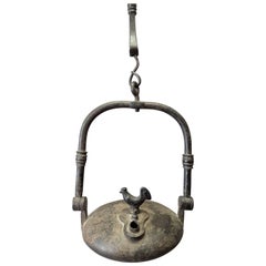 French Cast Iron Hanging Rooster Oil Lamp, 19th Century