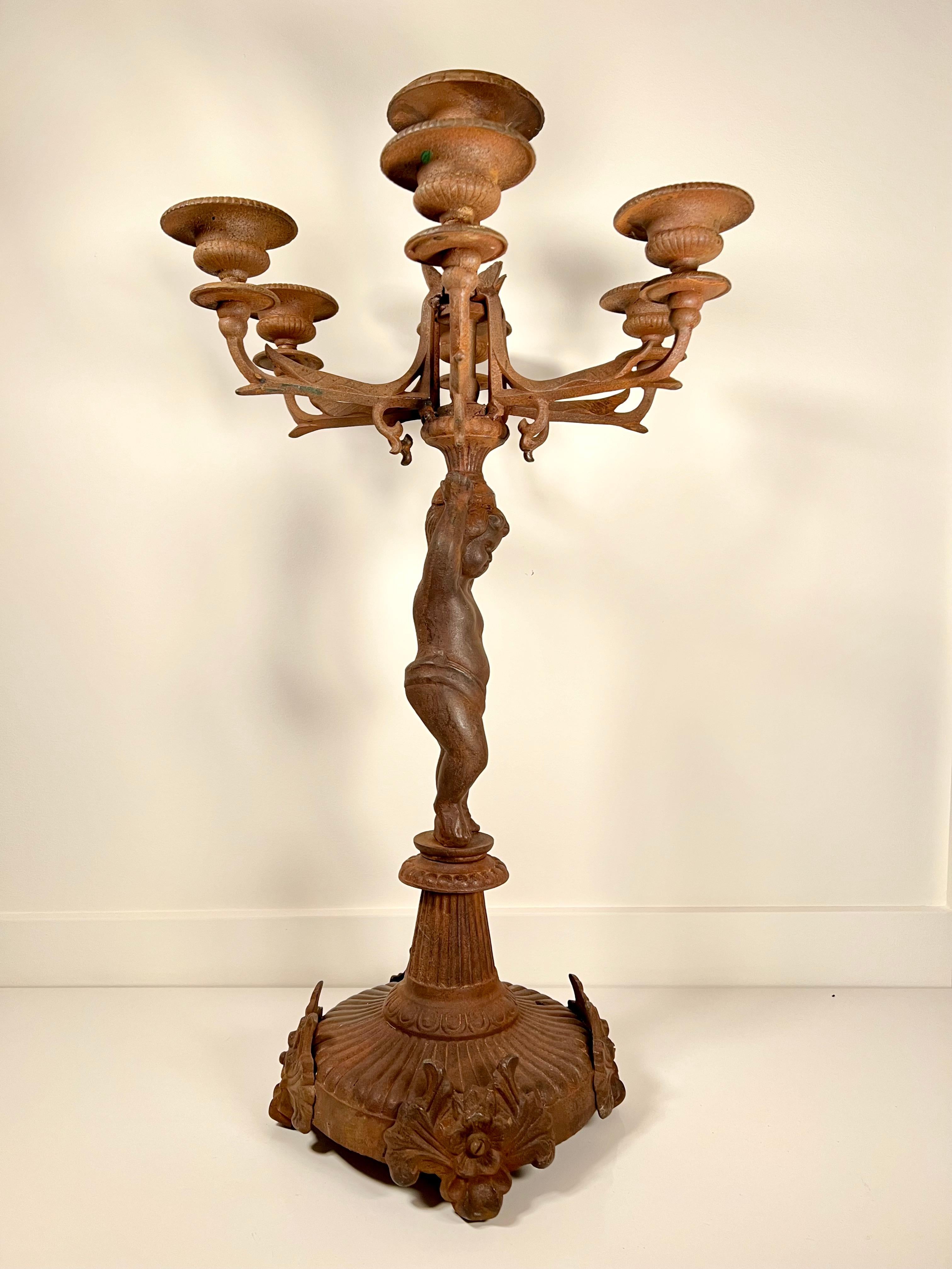 French Cast Iron Putti Figure Candelabra c. 1850's In Fair Condition In London, GB