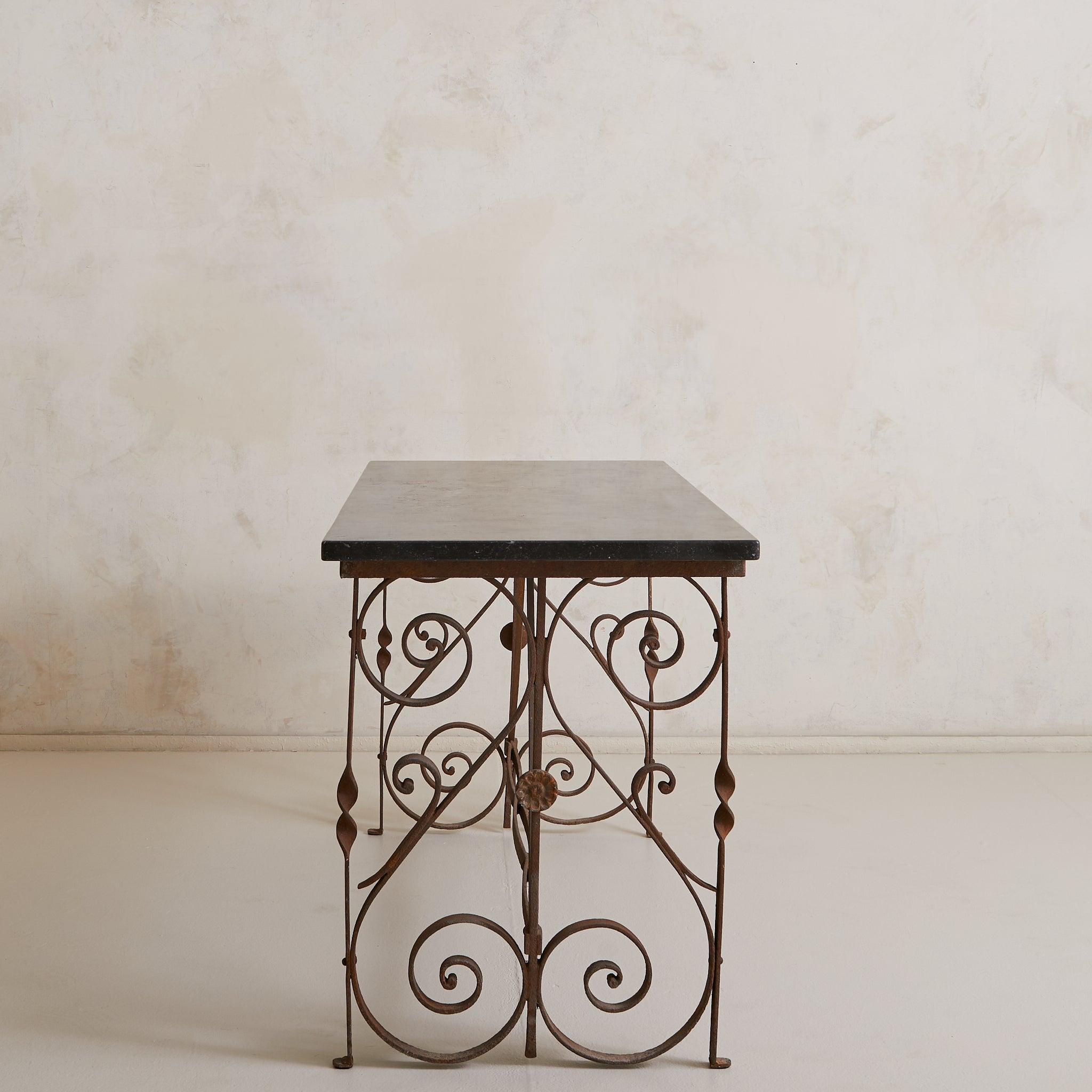 Neoclassical French Cast Iron + Soapstone Console Table, 1940s For Sale
