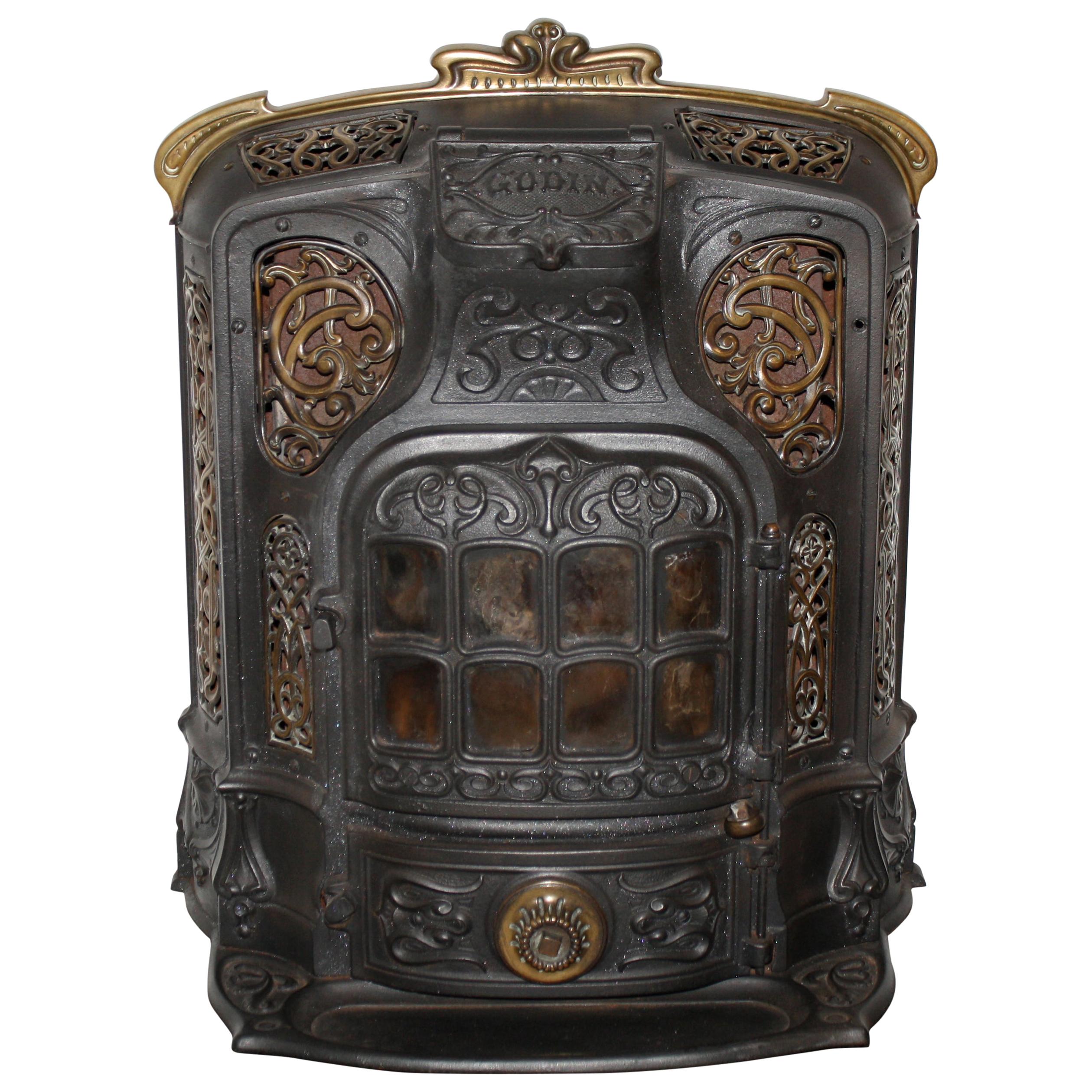 French Cast Iron Stove with Brass Accents by Godin, circa 1910