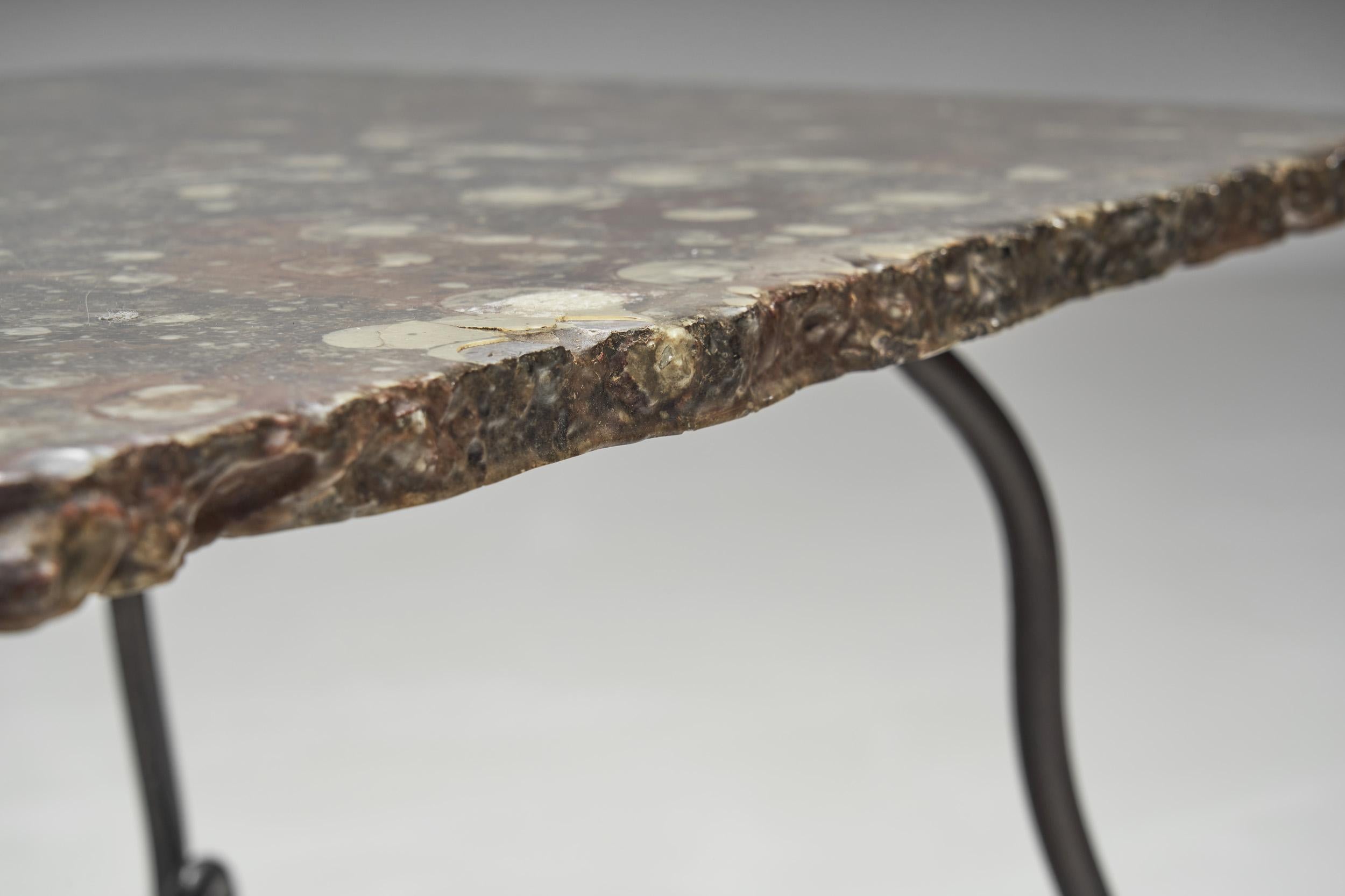 French Cast Iron Table with Varnished Stone Top, France, 1980s 5