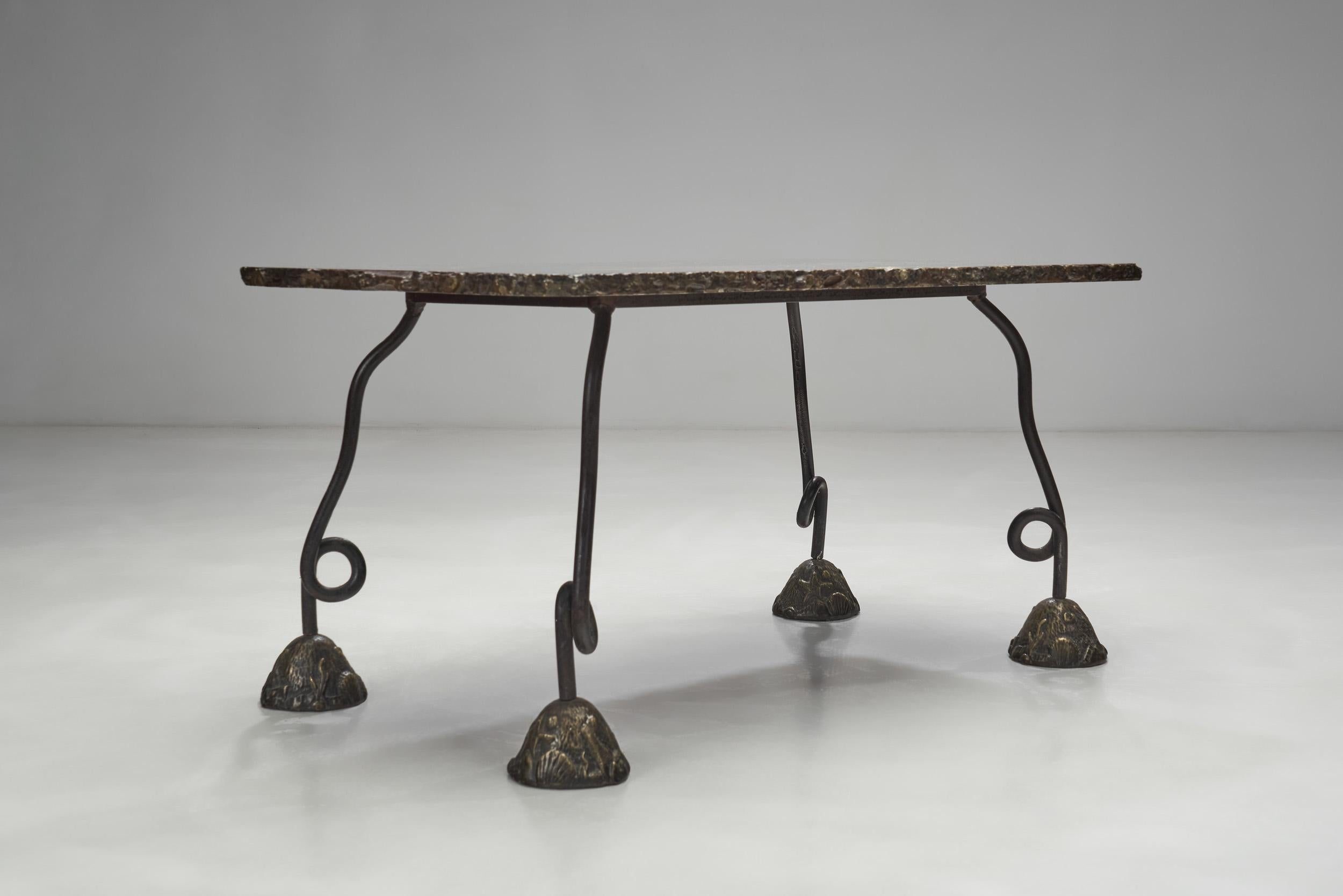 French Cast Iron Table with Varnished Stone Top, France, 1980s 6