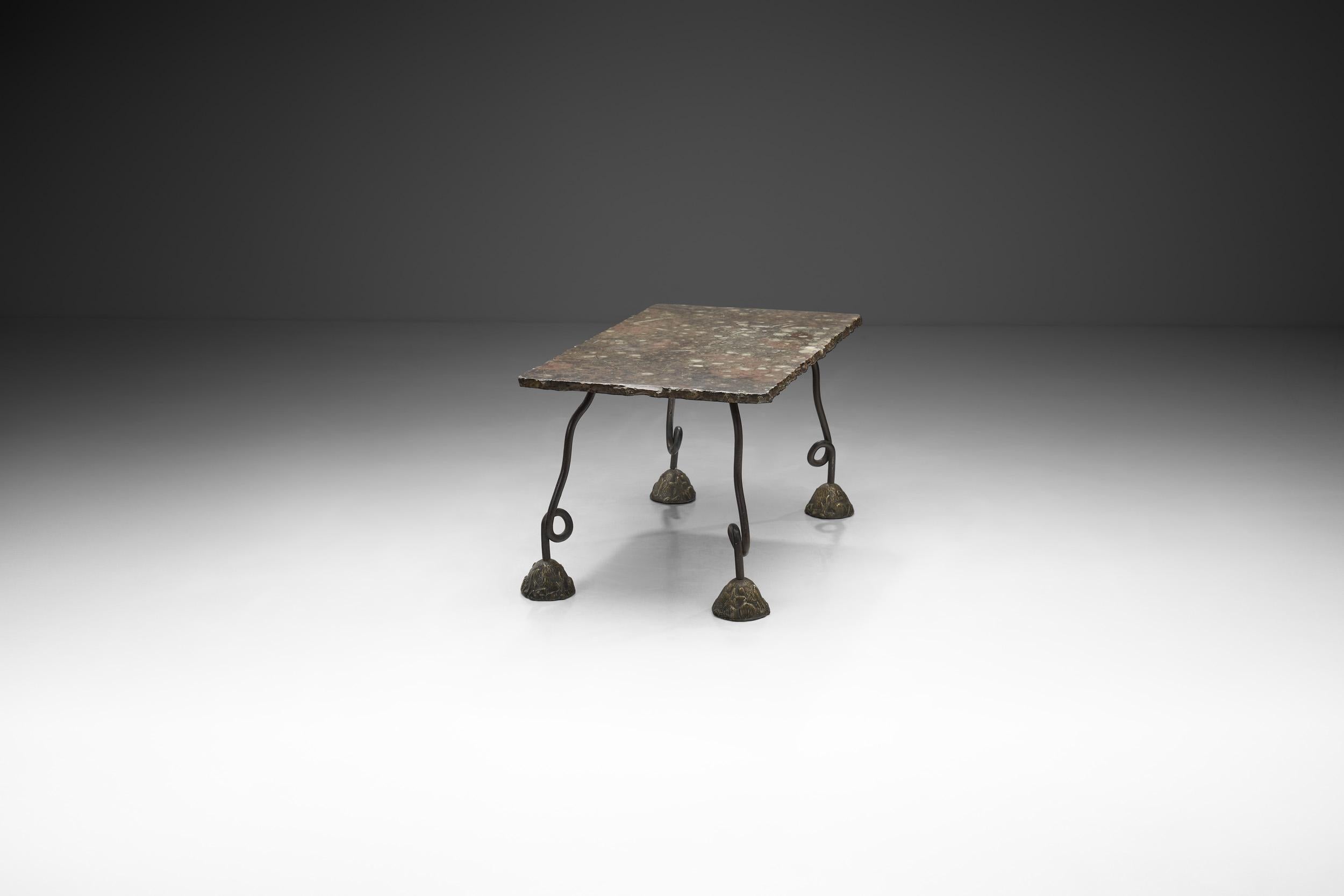Mid-Century Modern French Cast Iron Table with Varnished Stone Top, France, 1980s
