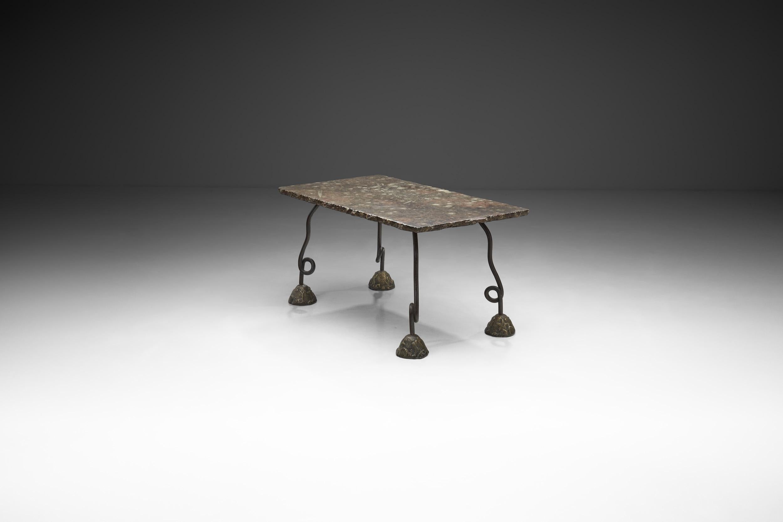 French Cast Iron Table with Varnished Stone Top, France, 1980s In Good Condition In Utrecht, NL