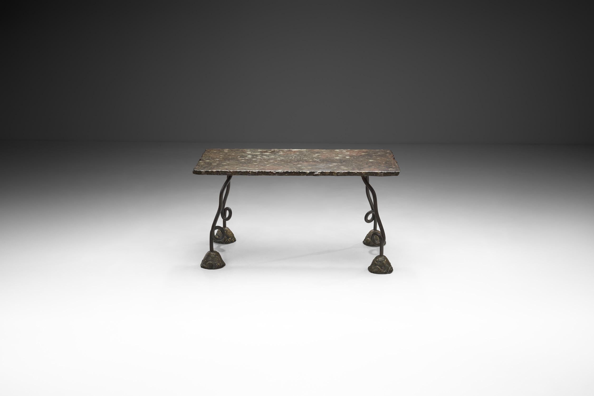 20th Century French Cast Iron Table with Varnished Stone Top, France, 1980s