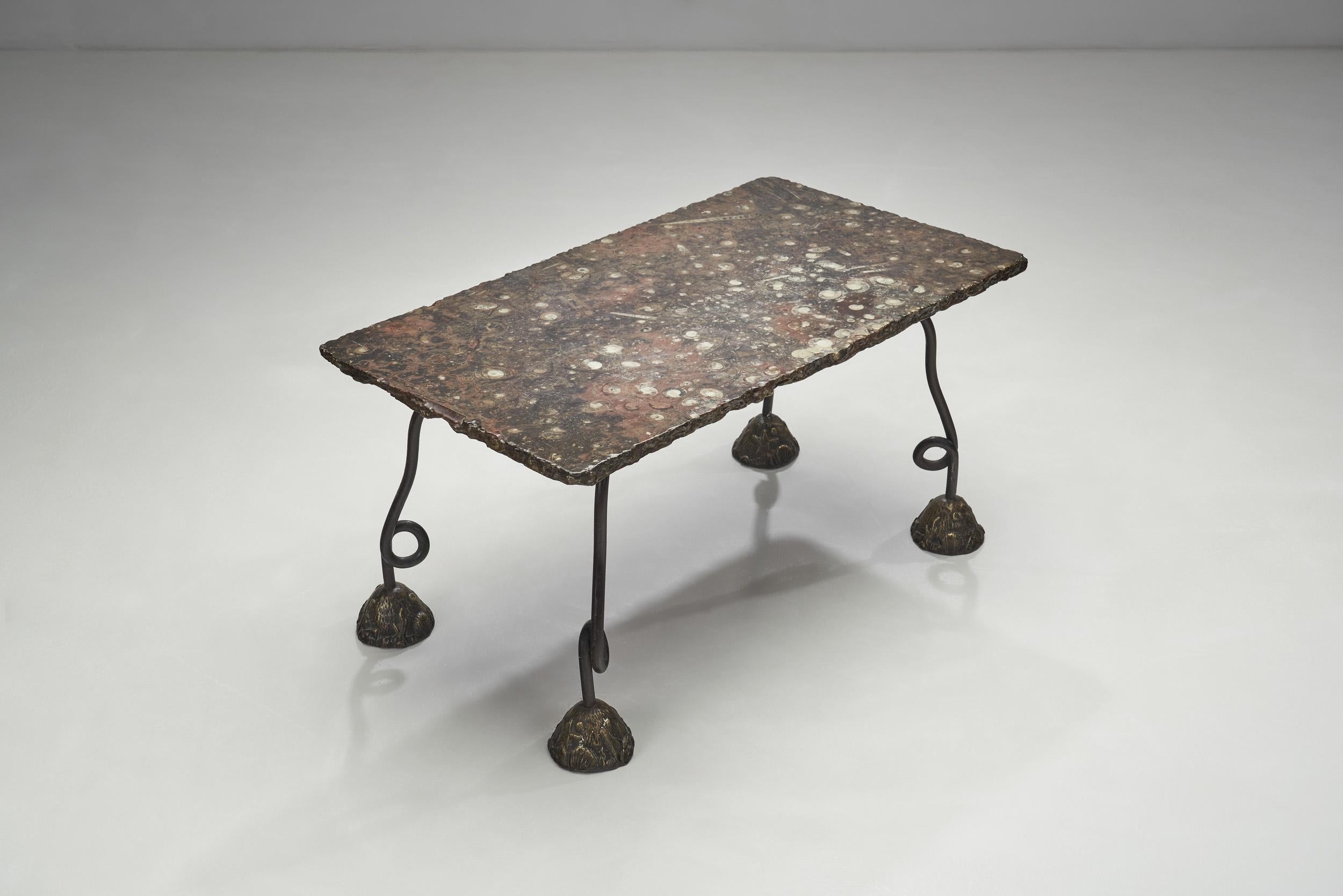 French Cast Iron Table with Varnished Stone Top, France, 1980s 1