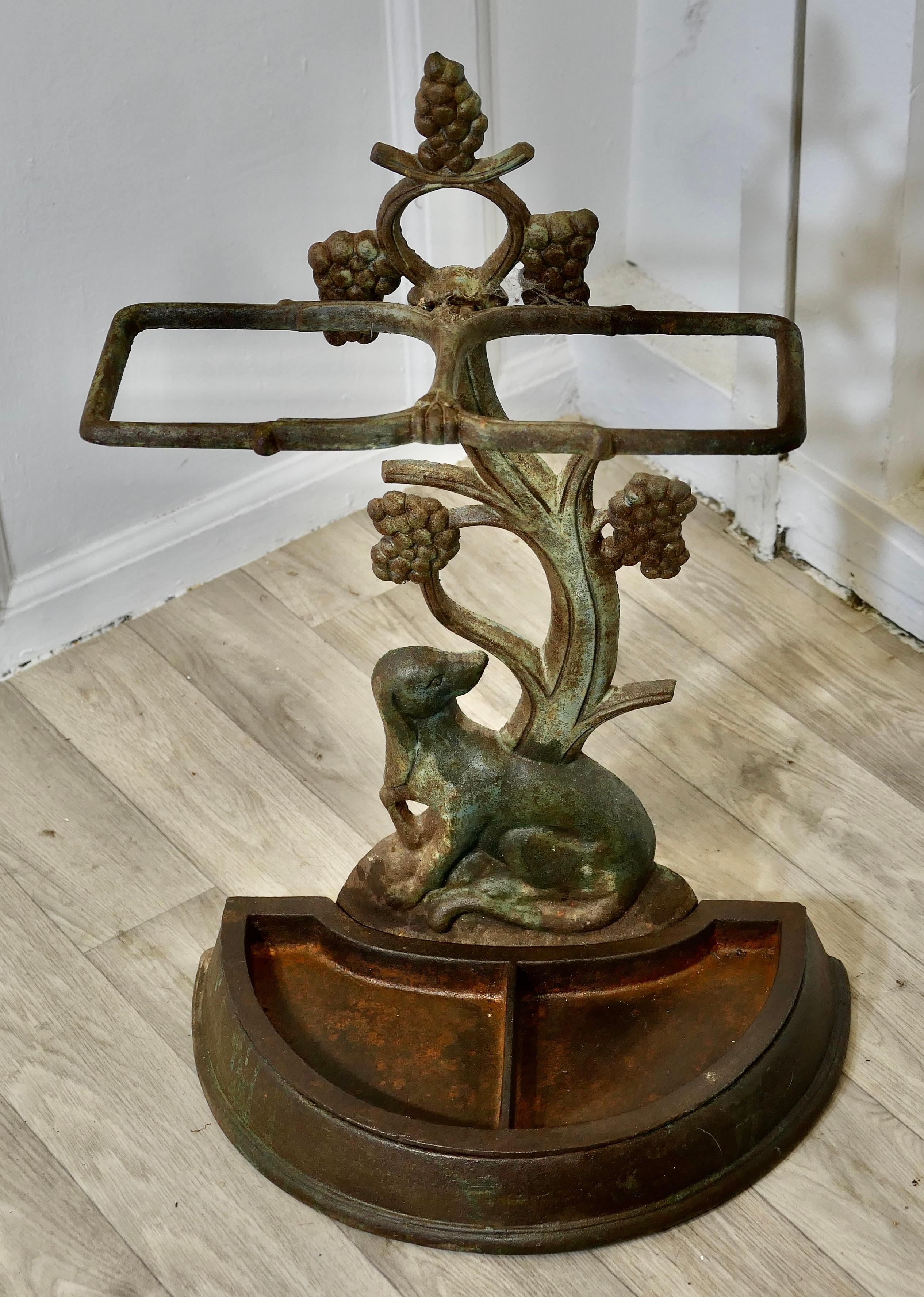 A 19th Century French Cast Iron Umbrella Stand, Fox and Grapes

19th Century French Cast Iron Umbrella Stand this is a beautifully detailed piece  showing the Fox and Grapes from Aesop’s fable
The fox is looking up other grapes on the Vine, there