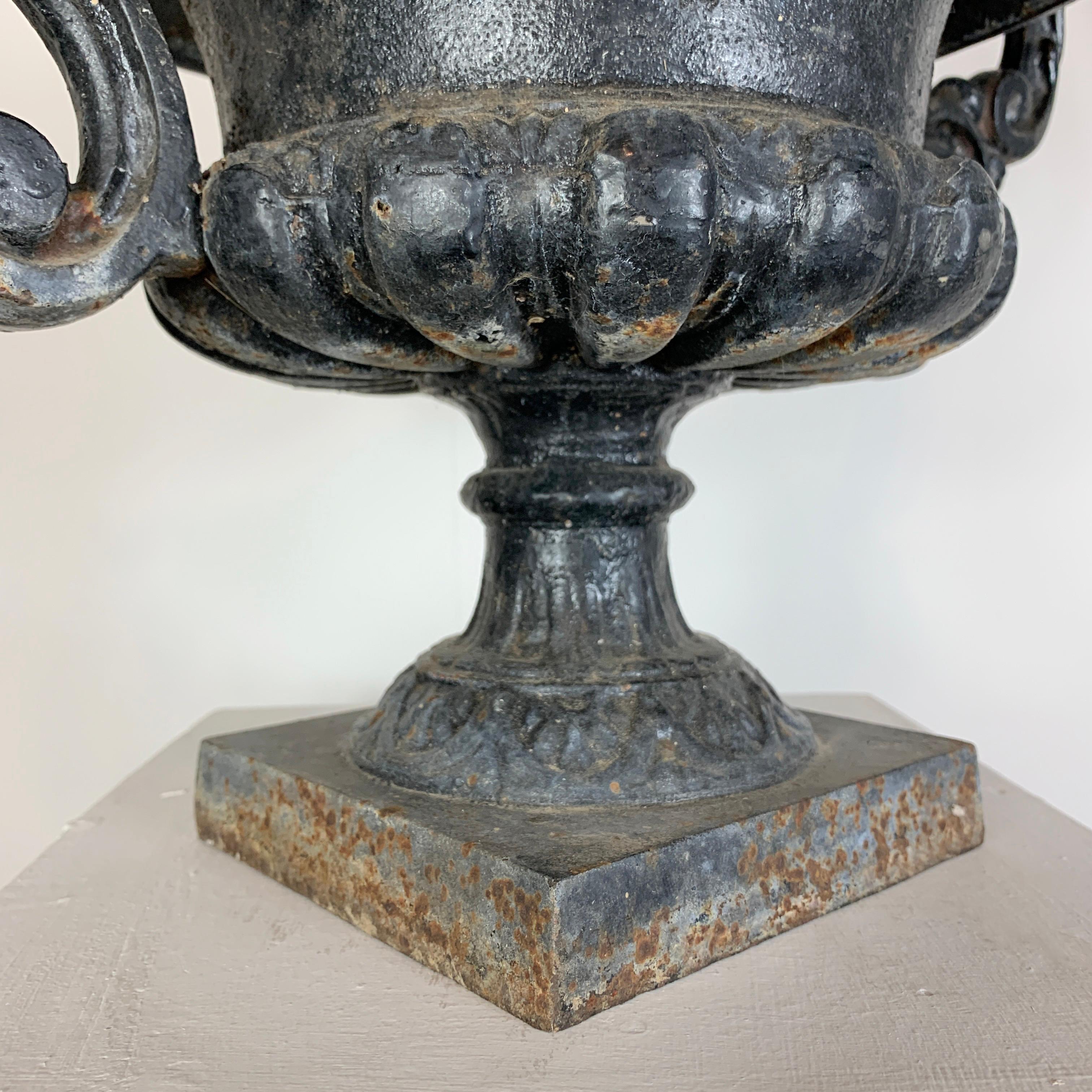 Black French Cast Iron Urn with Decorative Handles, 19th C For Sale 3