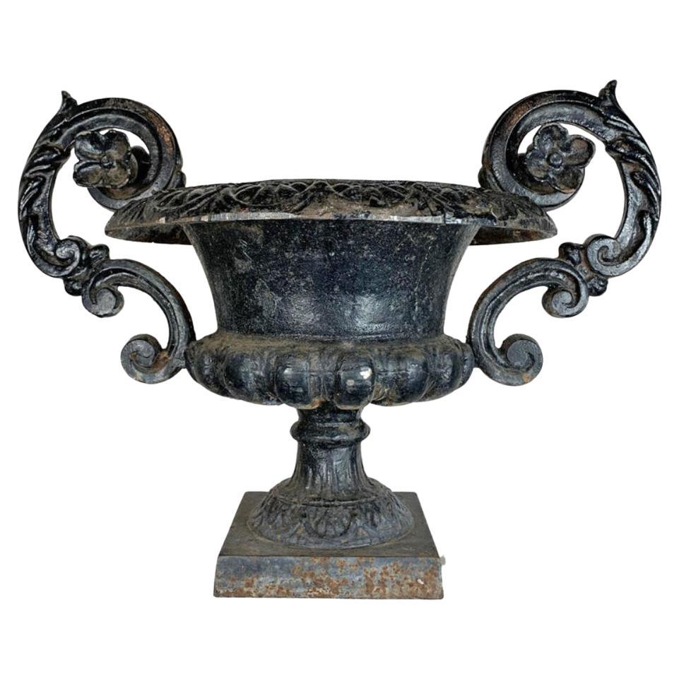 Black French Cast Iron Urn with Decorative Handles, 19th C For Sale