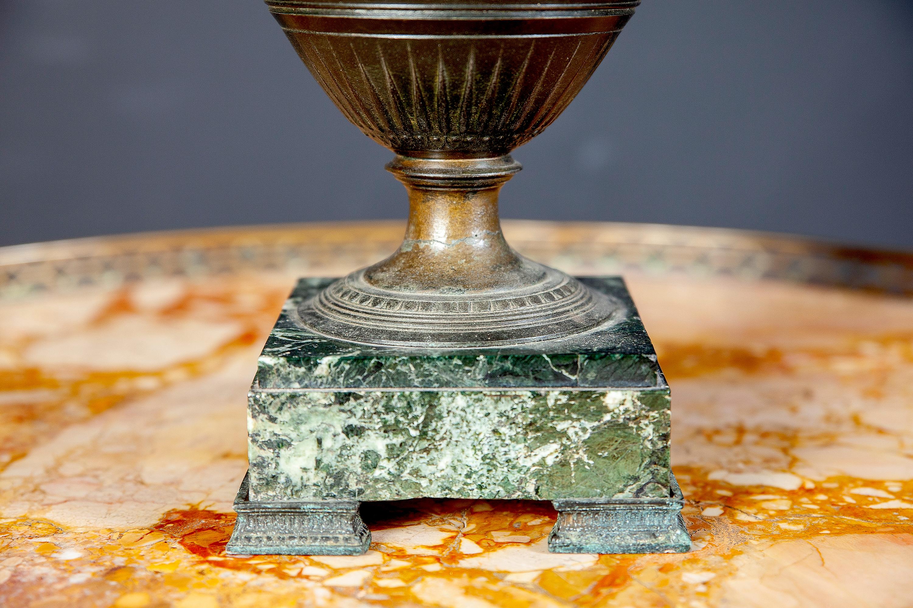 French Cast Iron Vases or Table Lamps and Green Marble Base, 19th Century, Pair 7