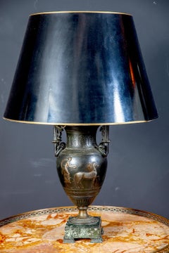 French Cast Iron Vases or Table Lamps and Green Marble Base, 19th Century, Pair