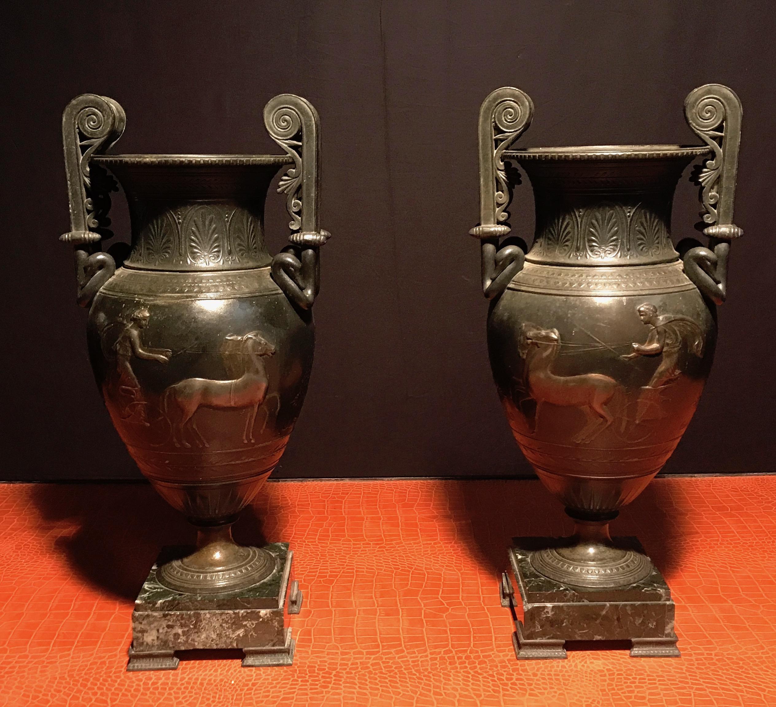 French Cast Iron Vases or Table Lamps and Green Marble Base, 19th Century, Pair 2