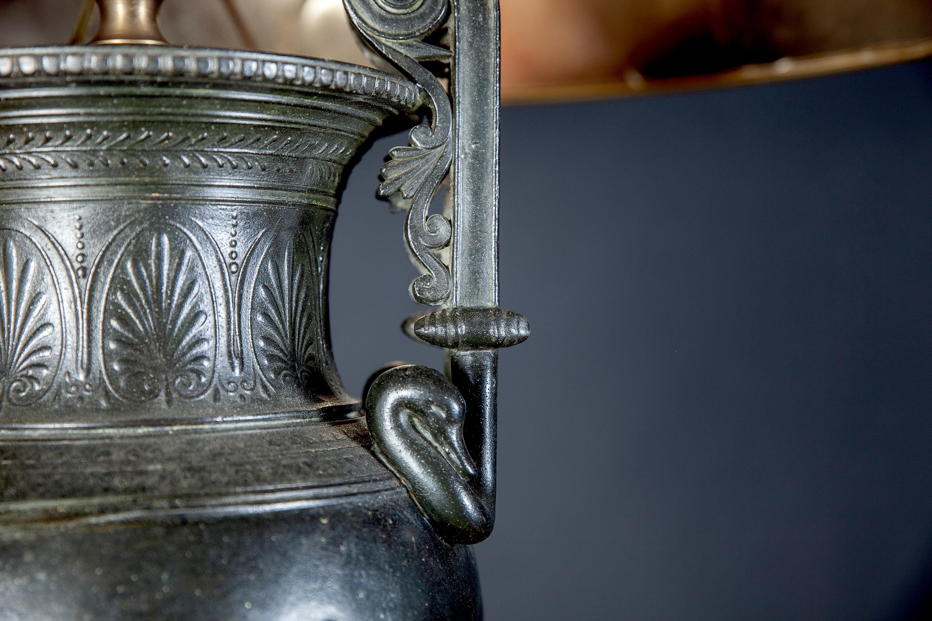 French Cast Iron Vases or Table Lamps and Green Marble Base, 19th Century, Pair 5