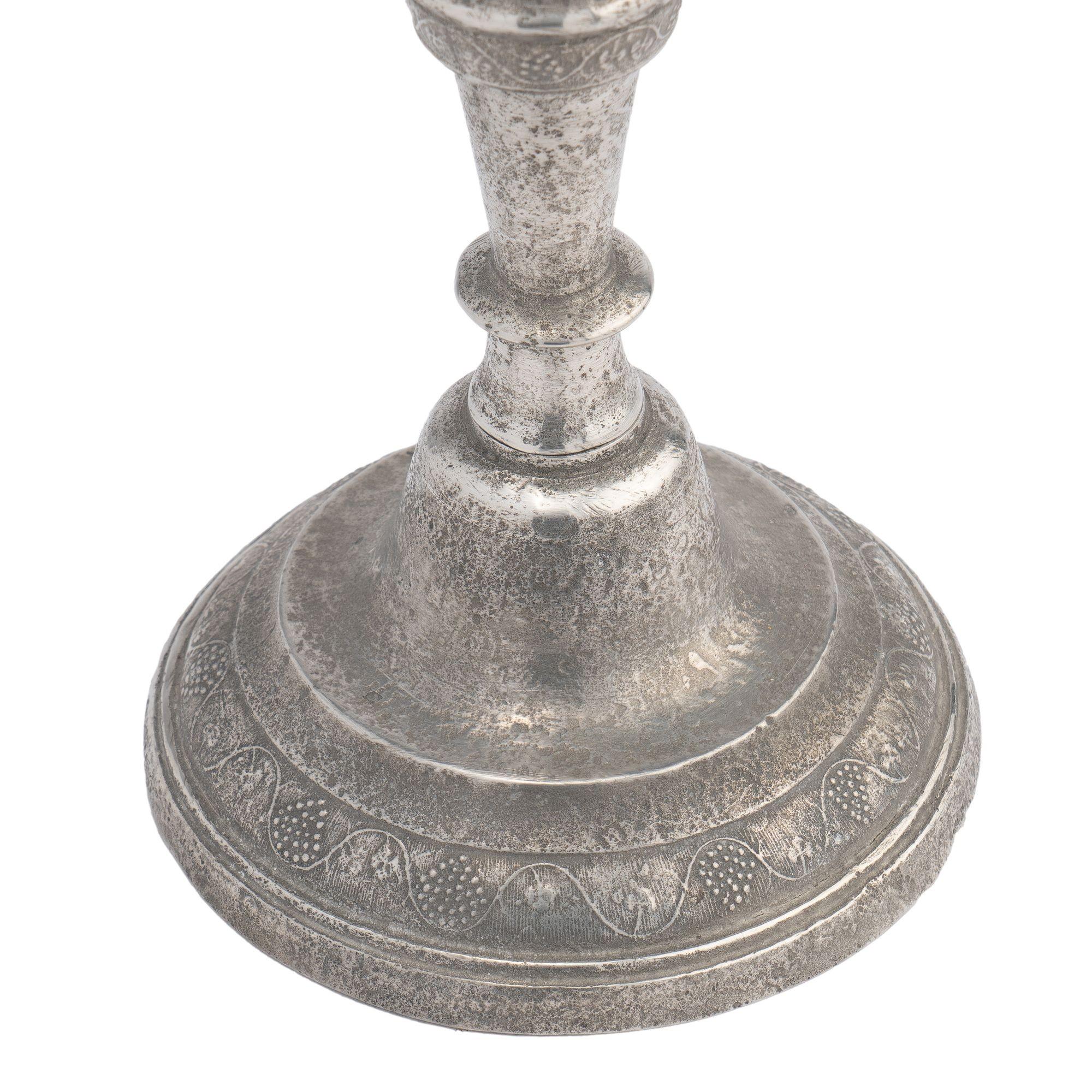Pewter French cast pewter candlestick with grape vine motif, c. 1780 For Sale