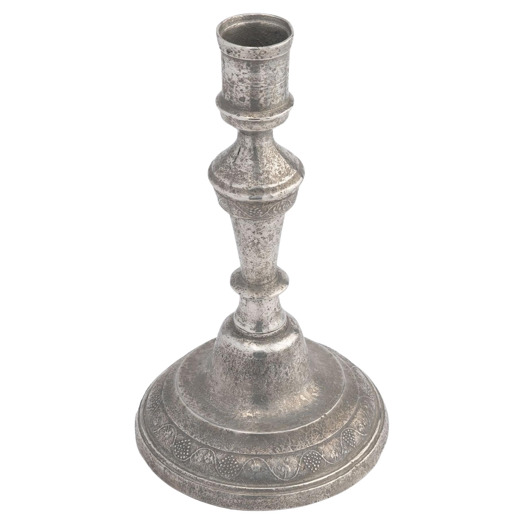 French cast pewter candlestick with grape vine motif, c. 1780 For Sale