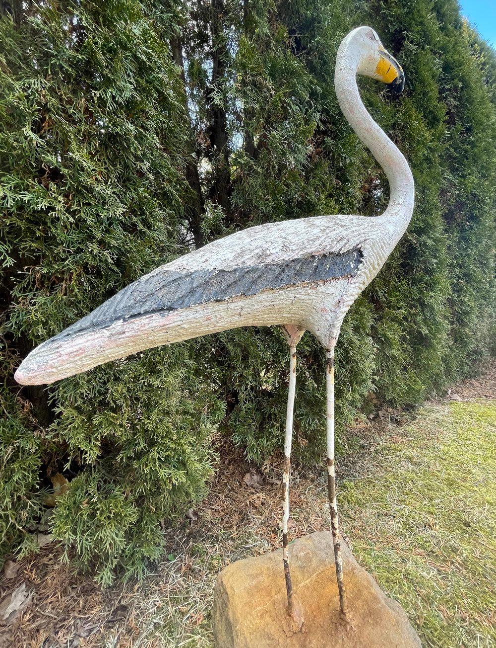 French Cast Stone and Iron Flamingo in Old White Paint For Sale 8