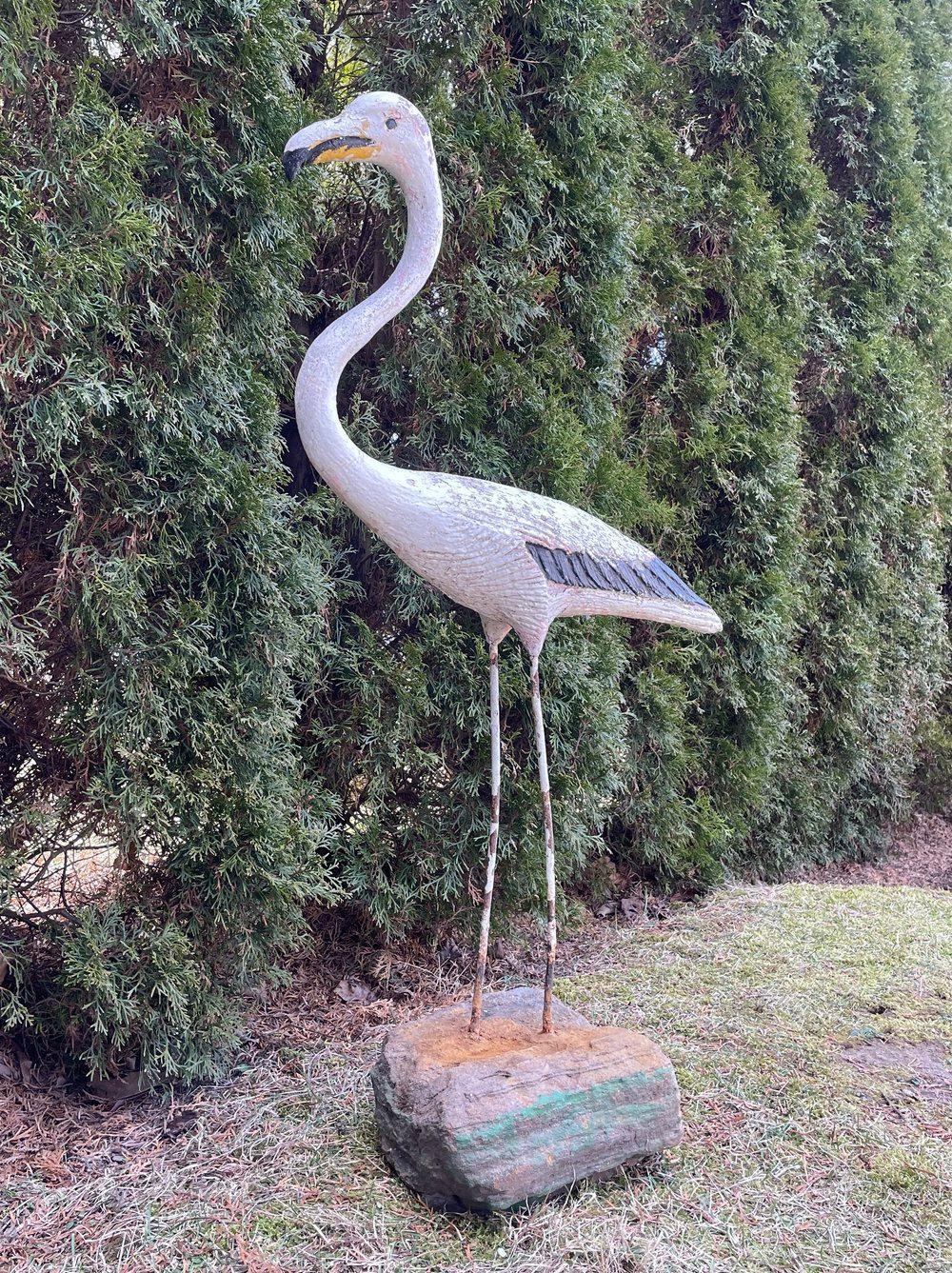Hand-Crafted French Cast Stone and Iron Flamingo in Old White Paint For Sale