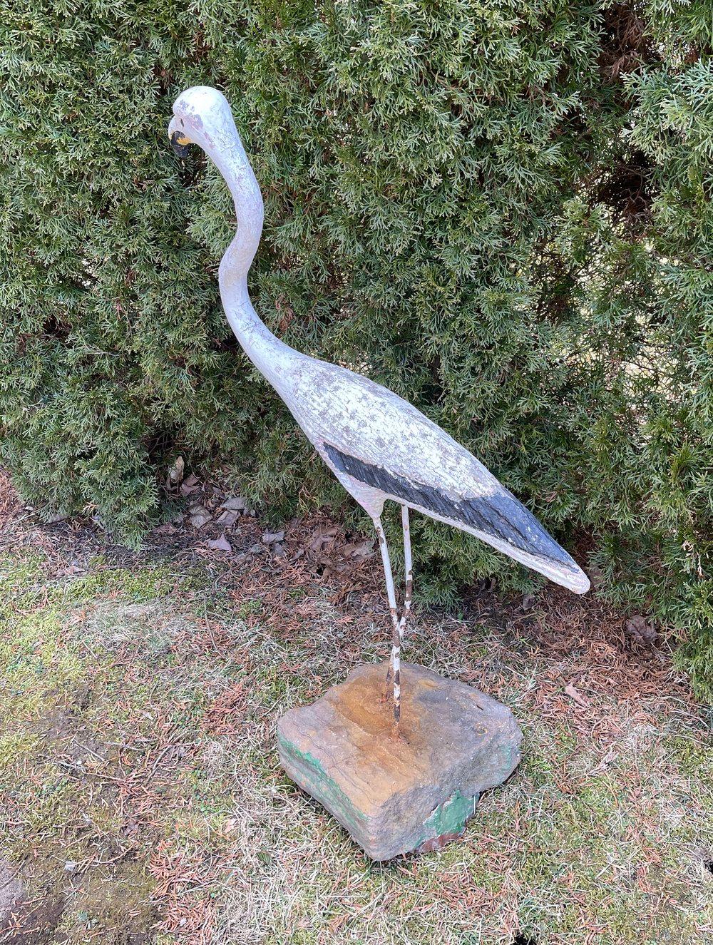 French Cast Stone and Iron Flamingo in Old White Paint In Good Condition For Sale In Woodbury, CT