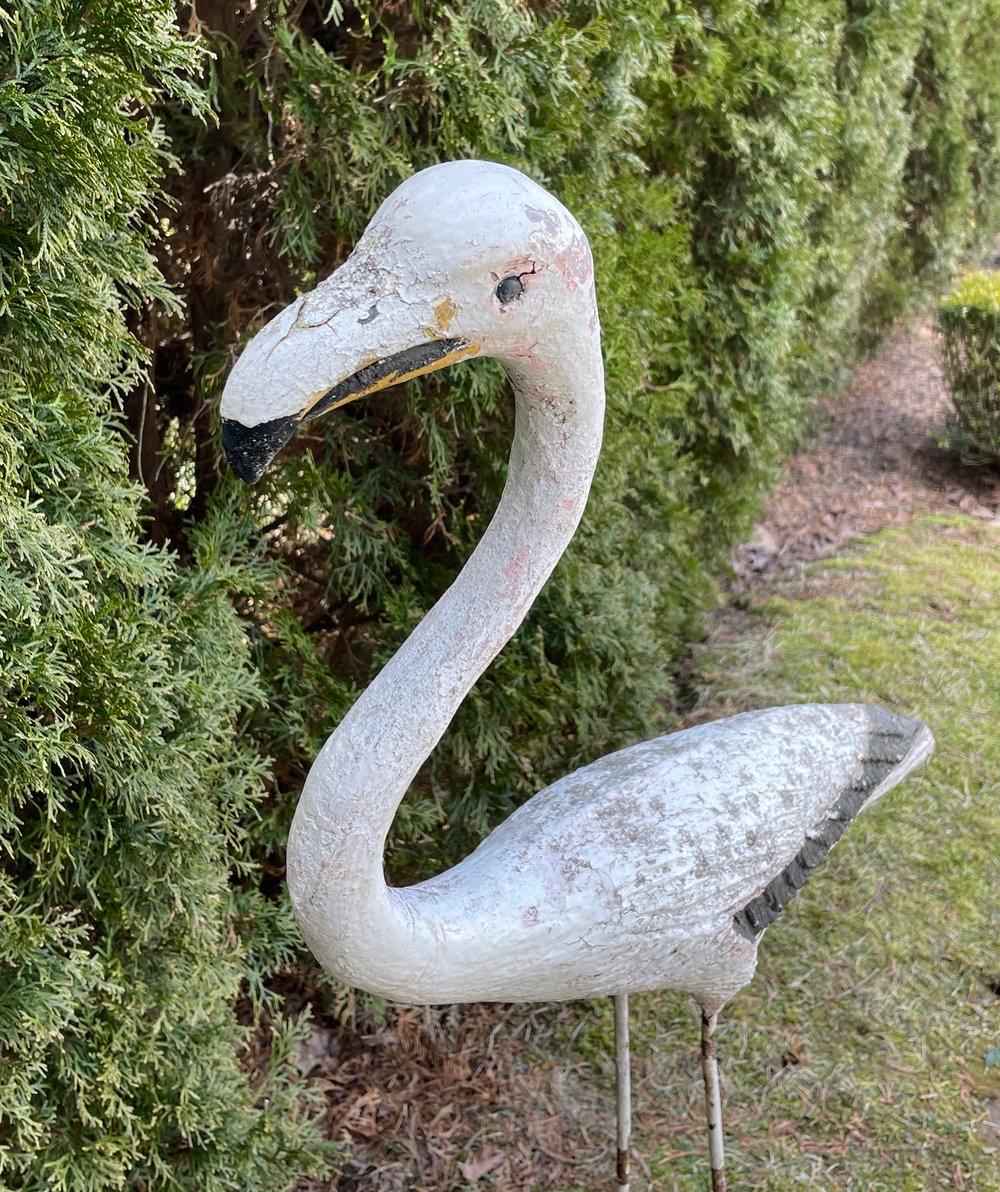 French Cast Stone and Iron Flamingo in Old White Paint For Sale 1