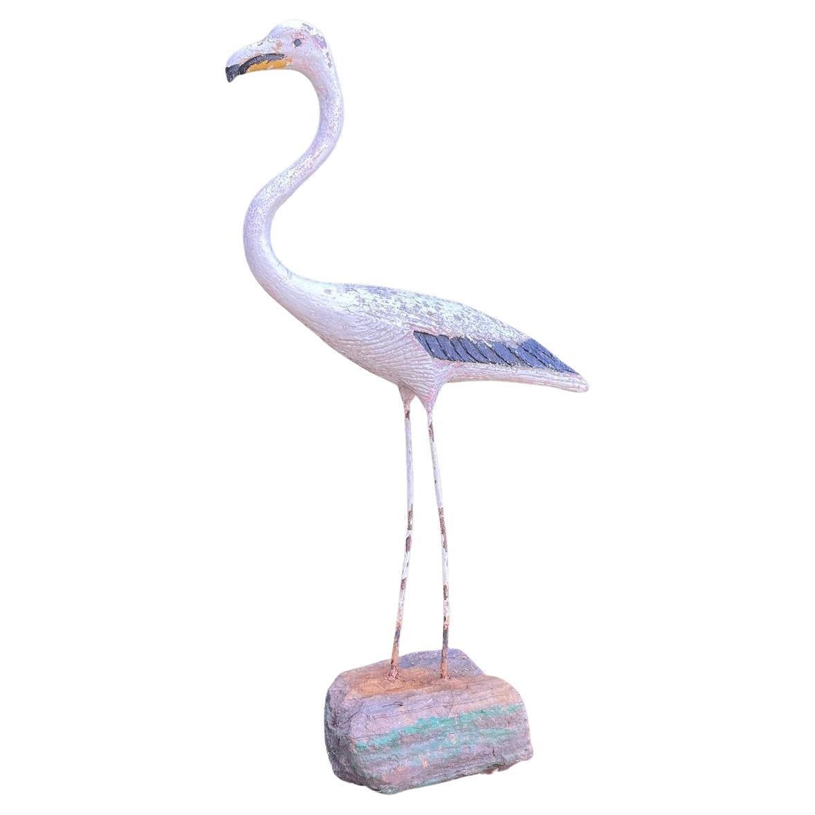 French Cast Stone and Iron Flamingo in Old White Paint For Sale