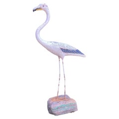 Vintage French Cast Stone and Iron Flamingo in Old White Paint