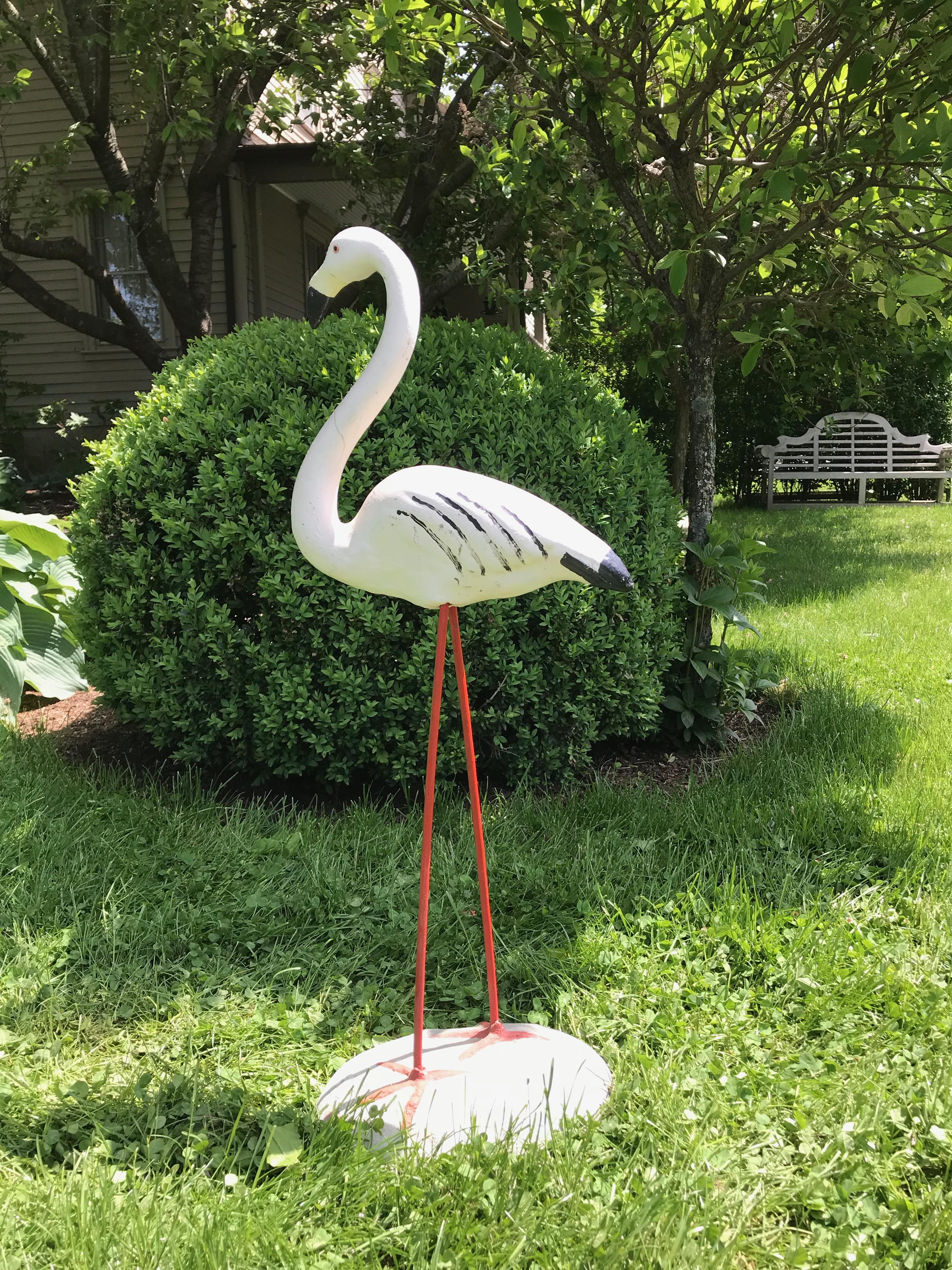 We jumped at the chance to buy this grouping of four French flamingos and a heron (shown in the last two photos), and this is the white flamingo. Made of cast stone with iron legs, and very solid, he cuts a dashing figure, in spite of the recent,