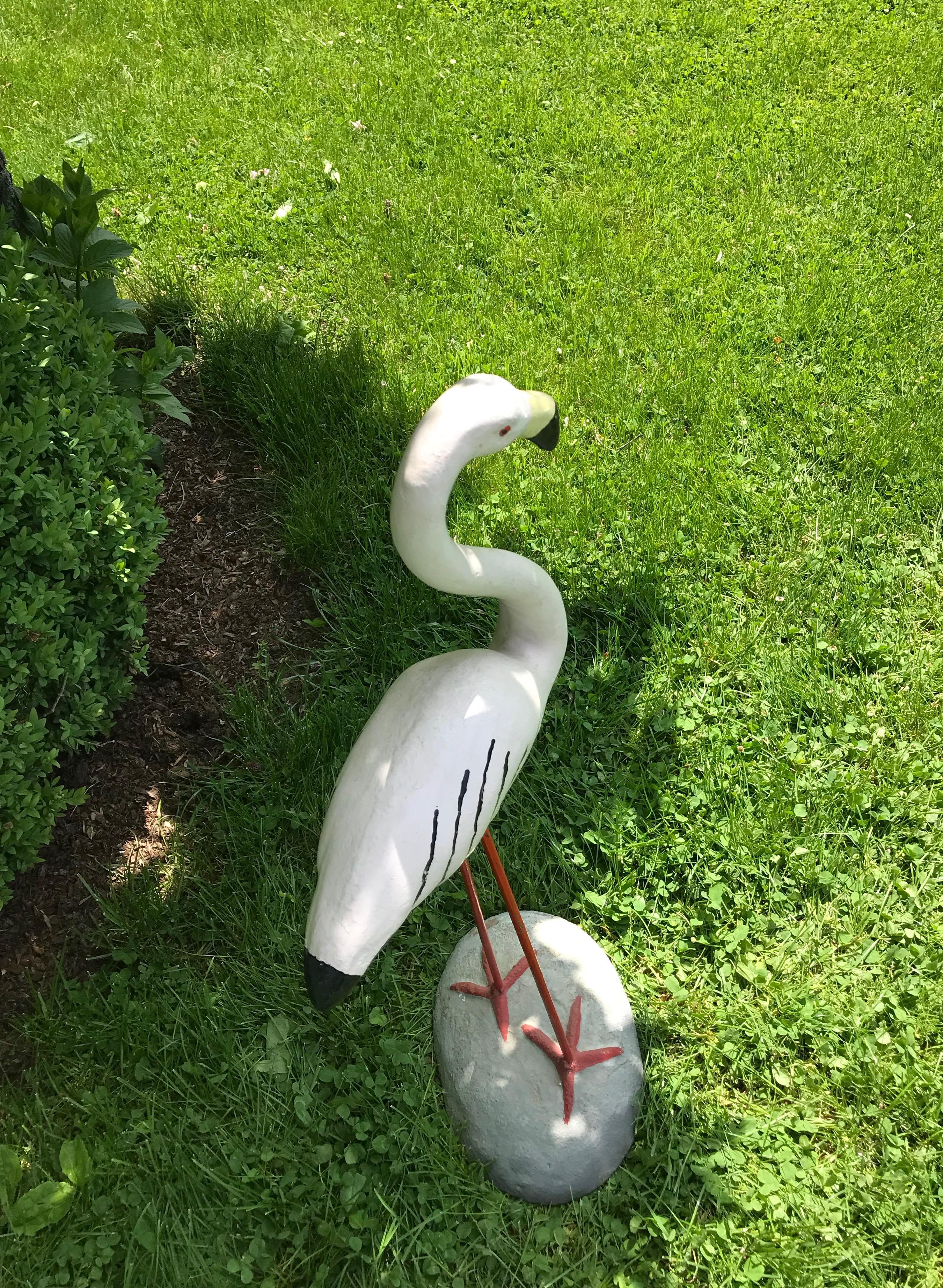 20th Century French Cast Stone and Iron White Flamingo For Sale