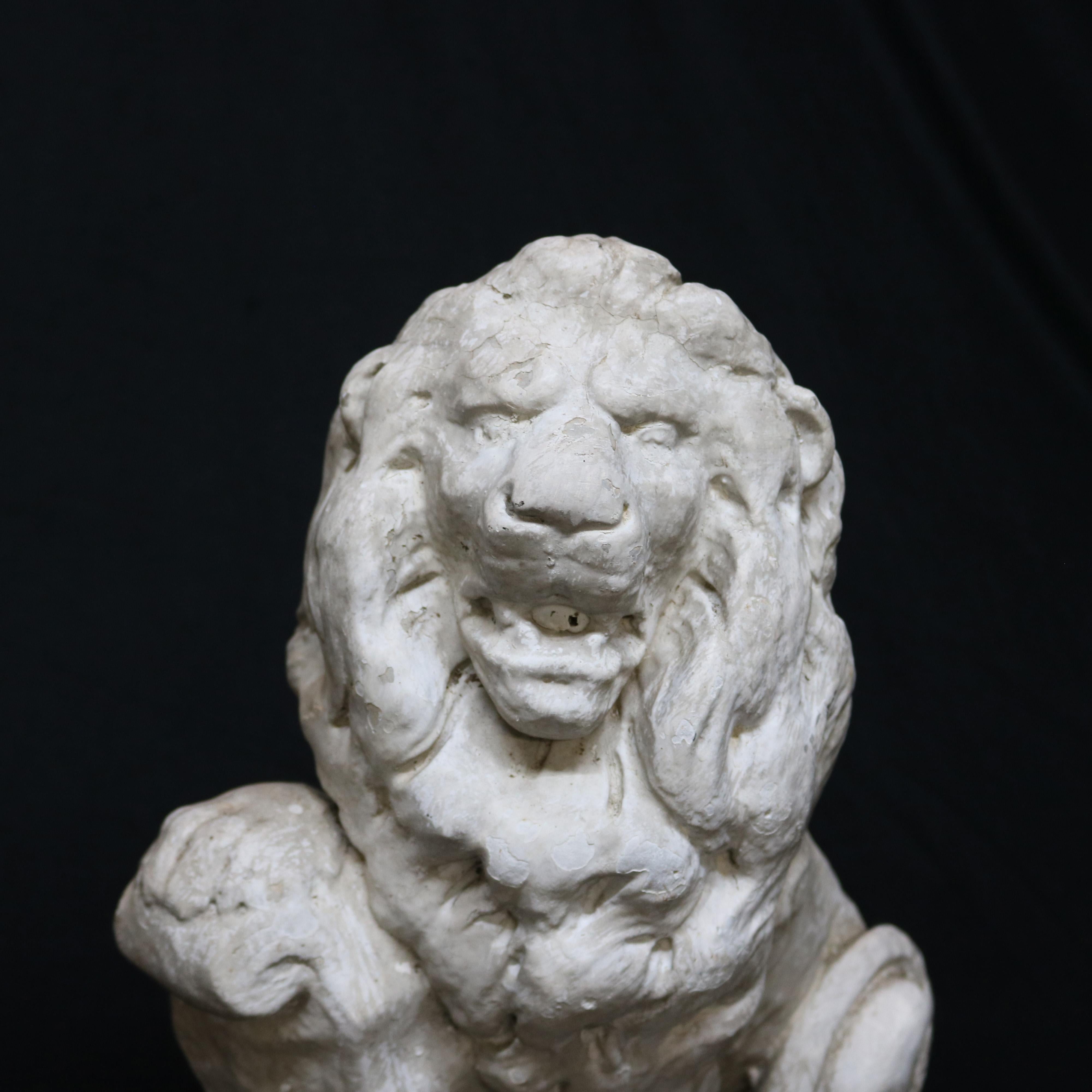 French Cast Stone Figural Lion and Shield Garden Sculpture, 20th Century In Good Condition In Big Flats, NY