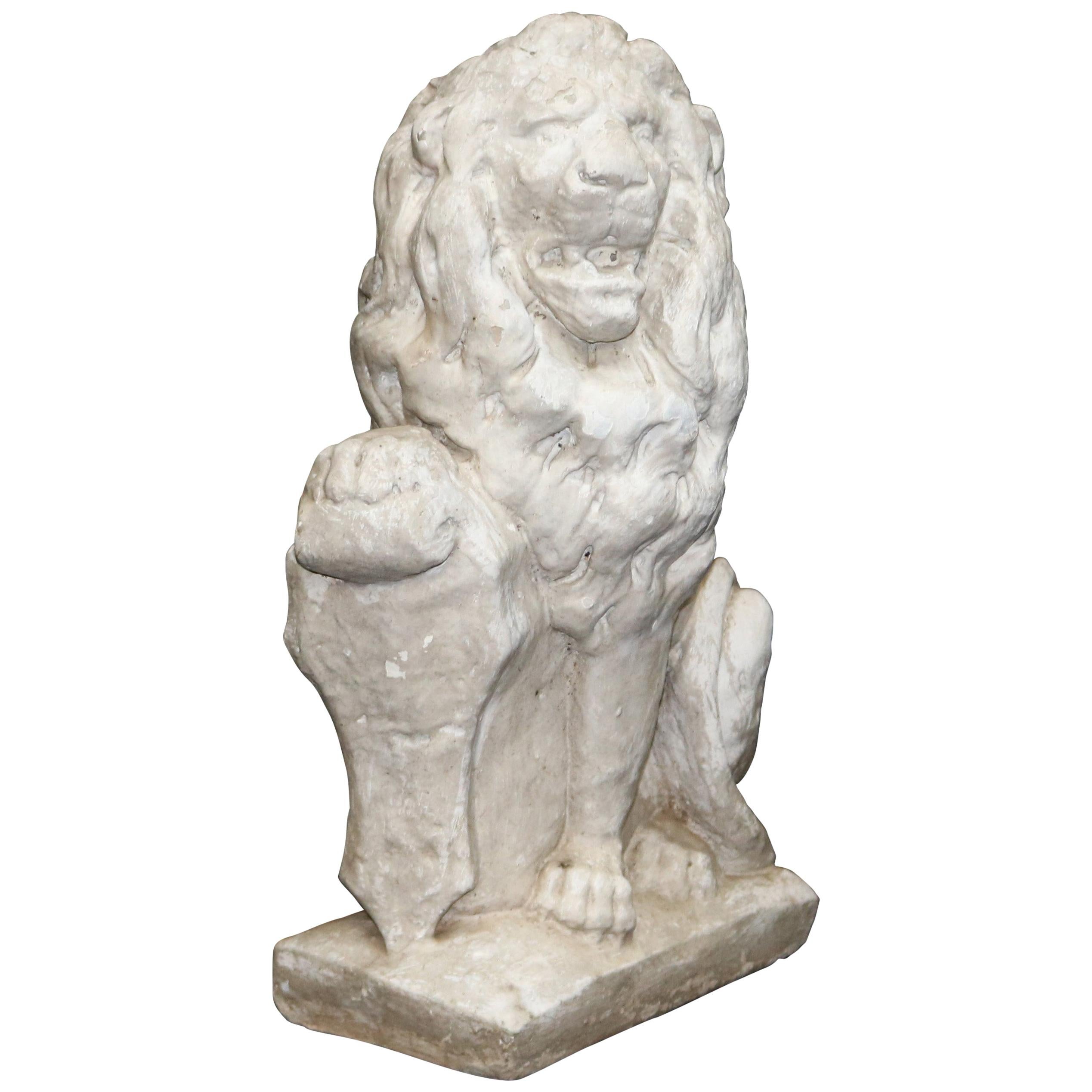 French Cast Stone Figural Lion and Shield Garden Sculpture, 20th Century