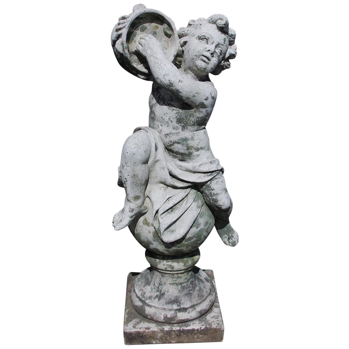 French Cast Stone Musical Putti Garden Ornament Seated on Sphere Plinth, C. 1840 For Sale