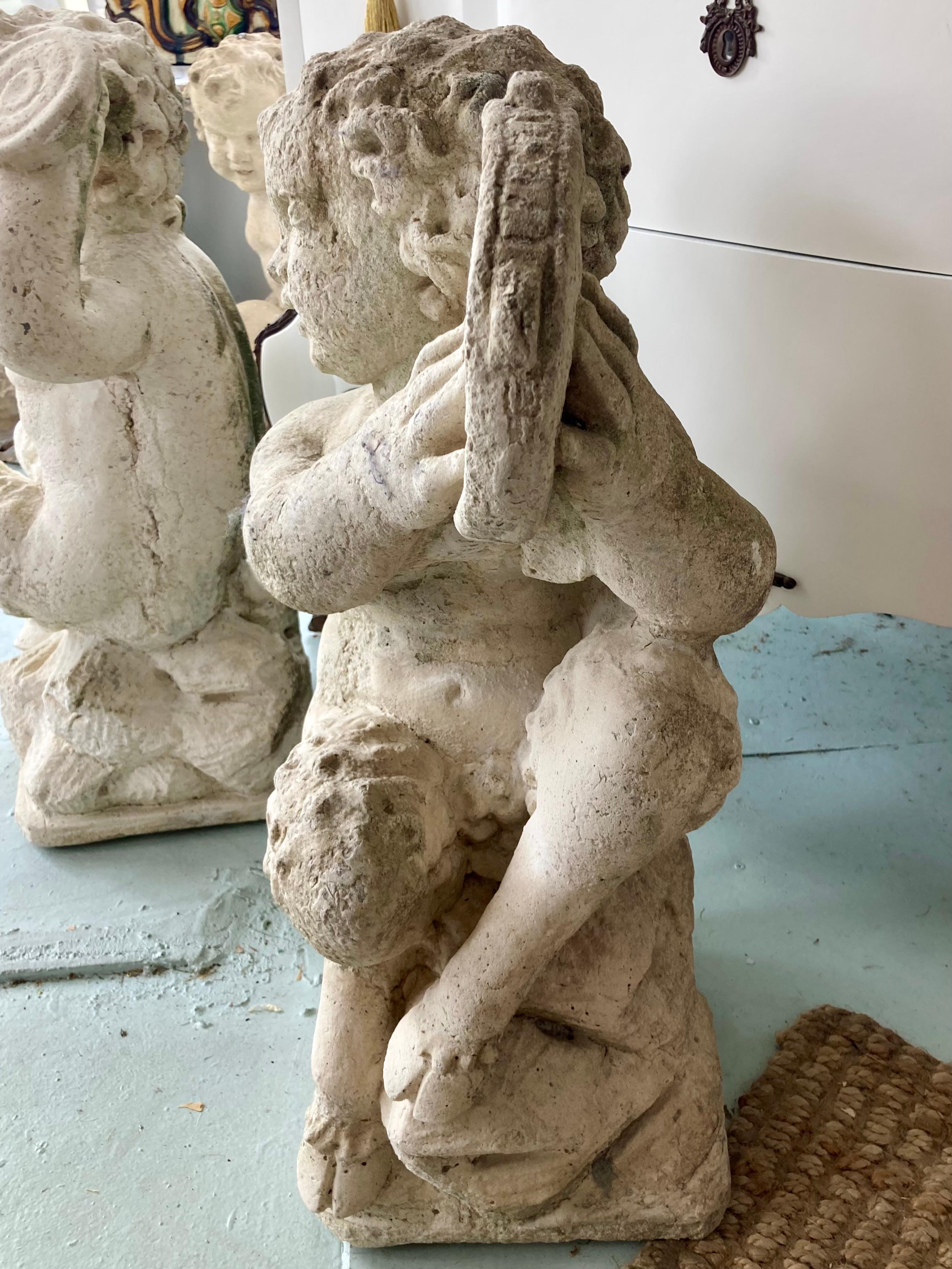 French Cast Stone Pan and Putti Musician Sculptures, a Pair For Sale 1