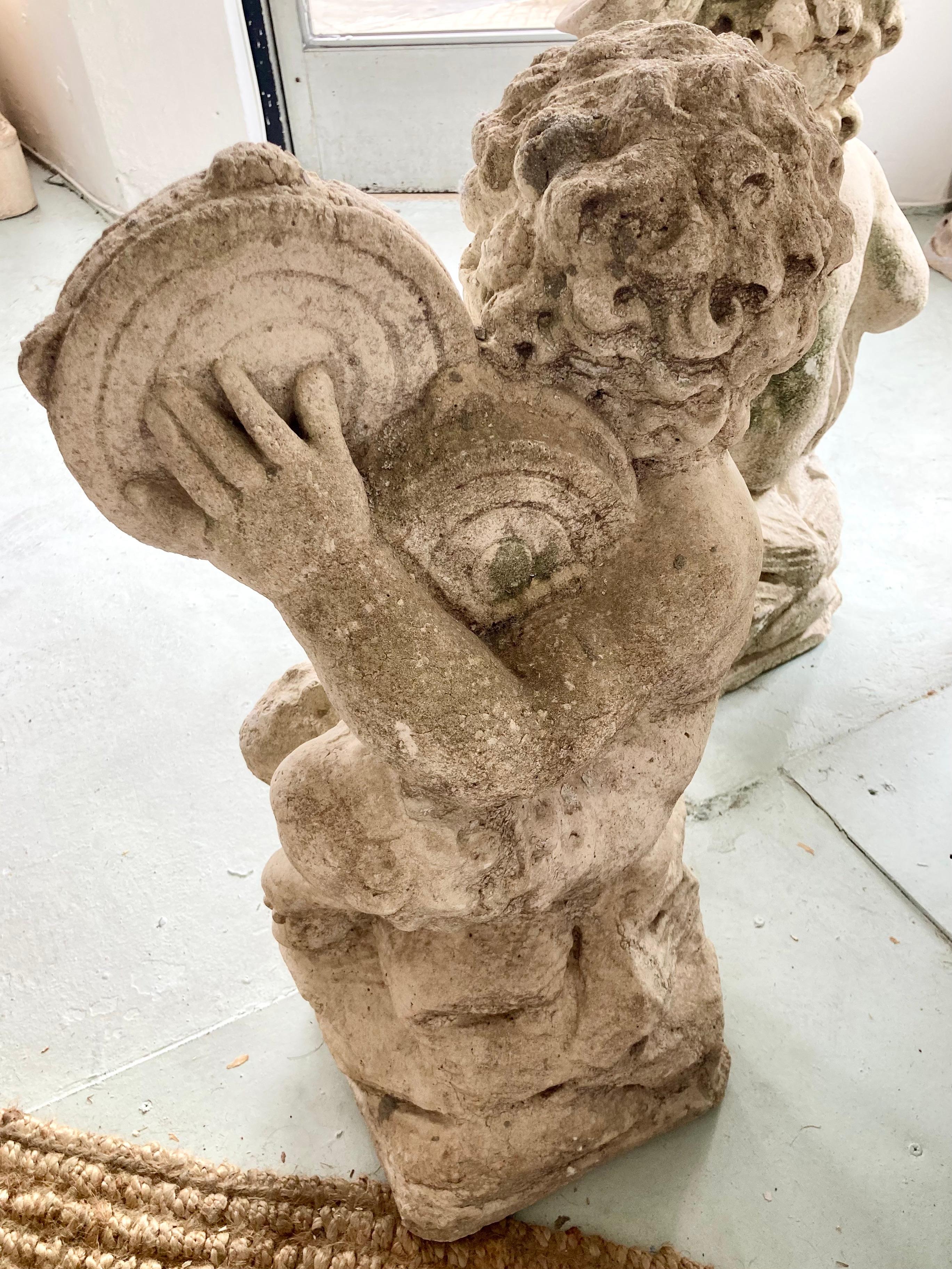 French Cast Stone Pan and Putti Musician Sculptures, a Pair For Sale 2