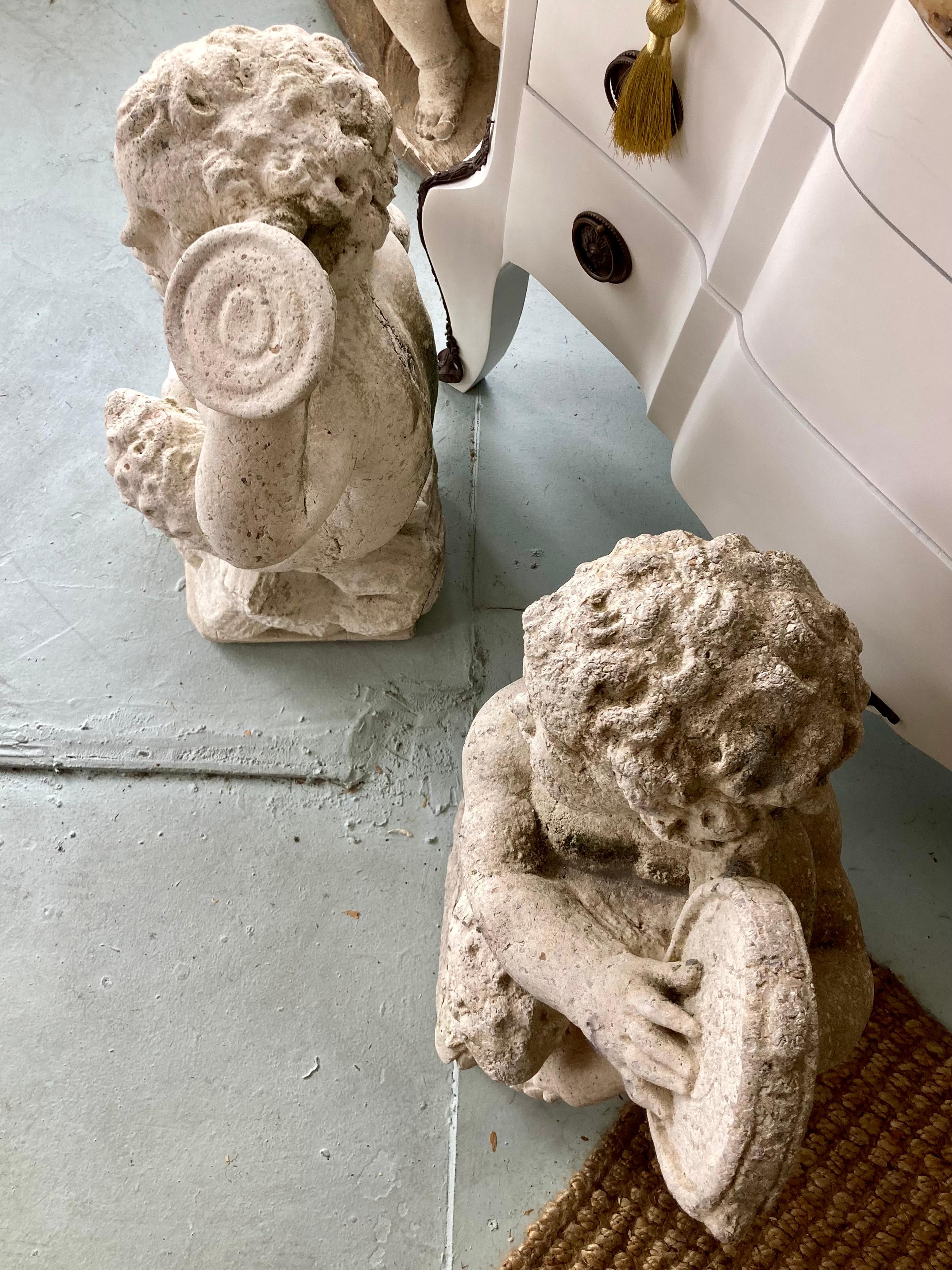 French Cast Stone Pan and Putti Musician Sculptures, a Pair For Sale 3