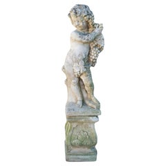 Antique French Cast Stone Putto Garden Sculpture