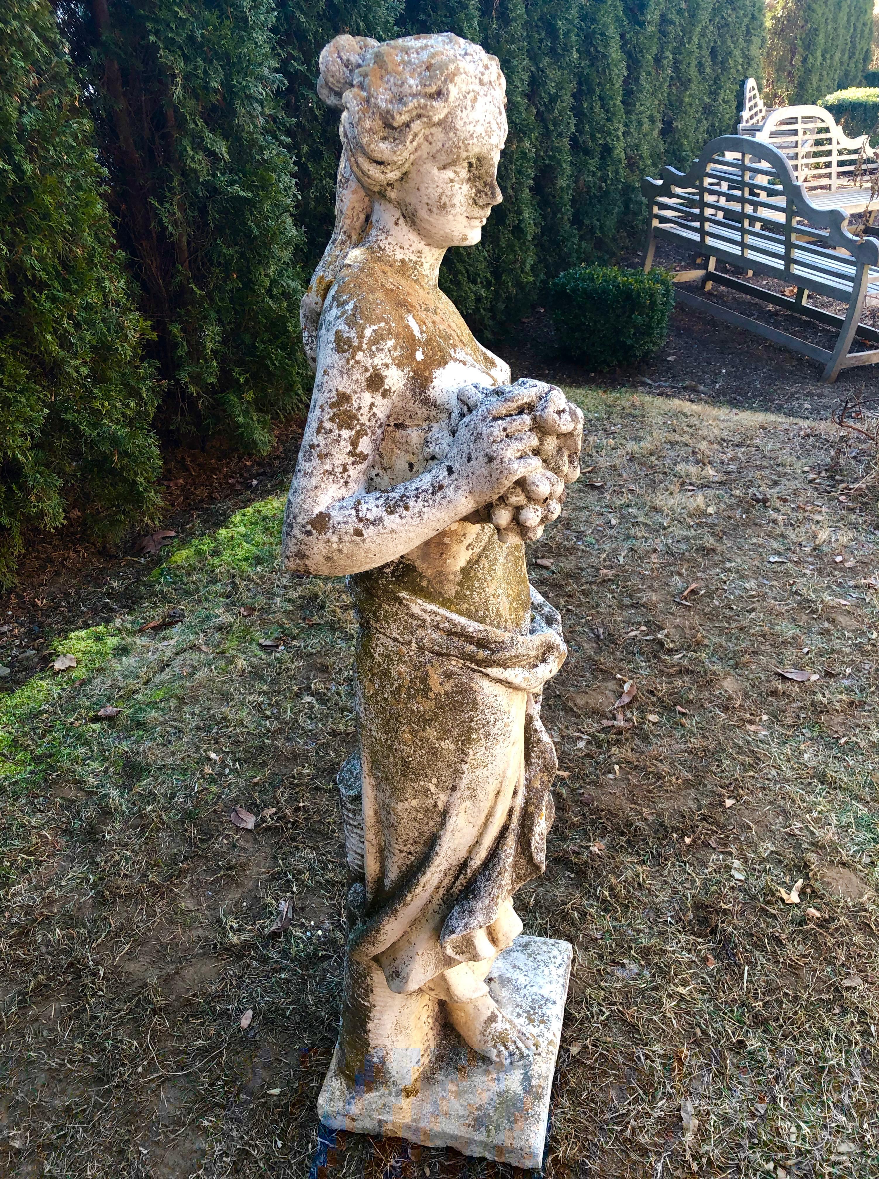 Neoclassical French Cast Stone Statue of Autumn with Beautiful Patina