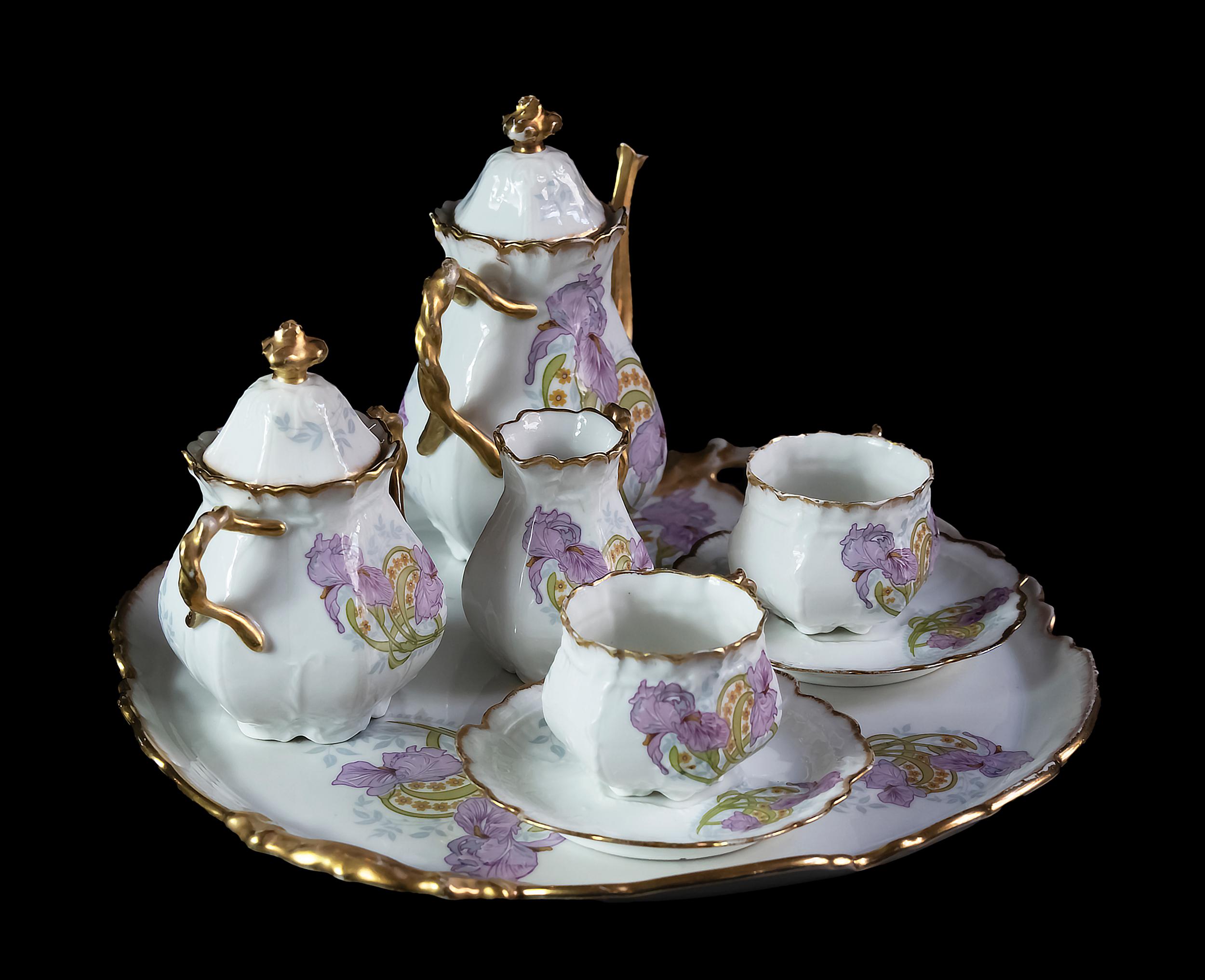 Art Nouveau French Castres Porcelain Coffee Set for 2 Persons