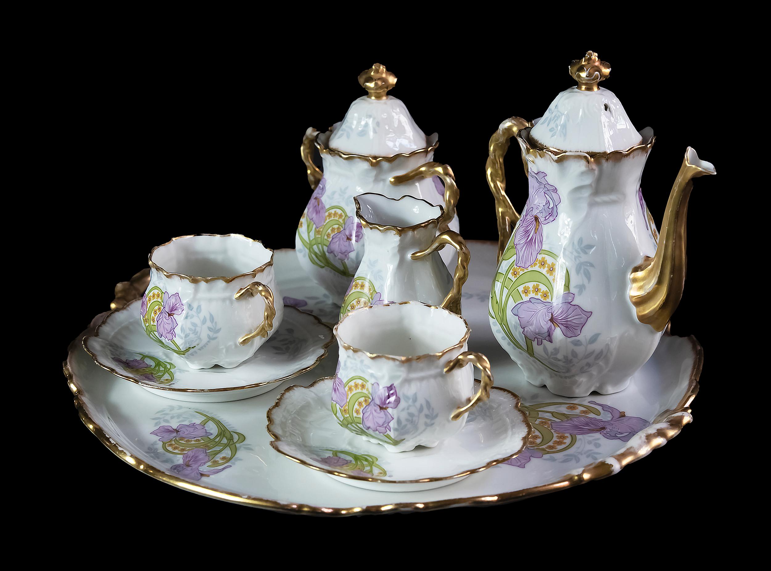 Hand-Crafted French Castres Porcelain Coffee Set for 2 Persons