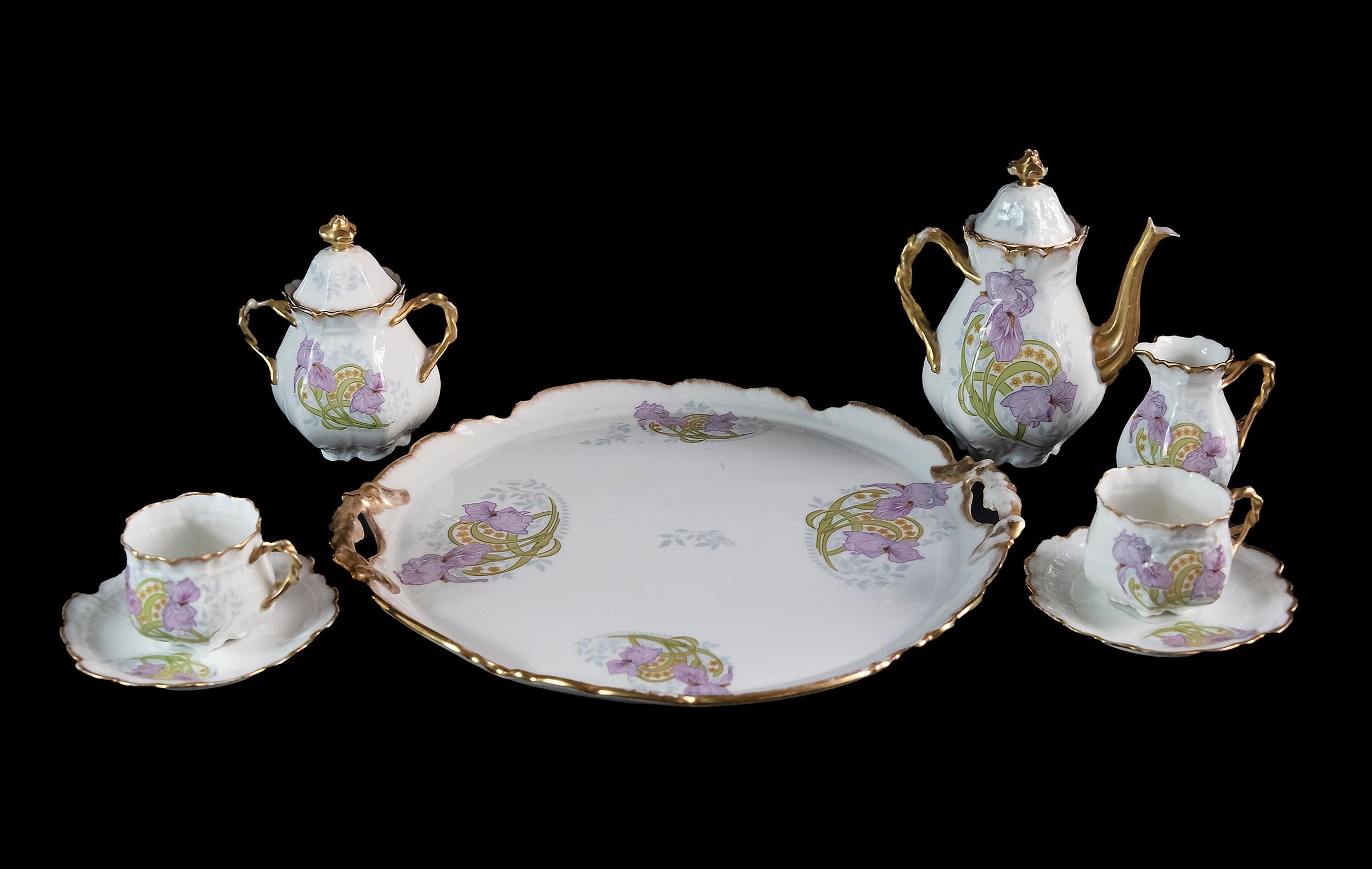 French Castres Porcelain Coffee Set for 2 Persons In Good Condition In Vilnius, LT