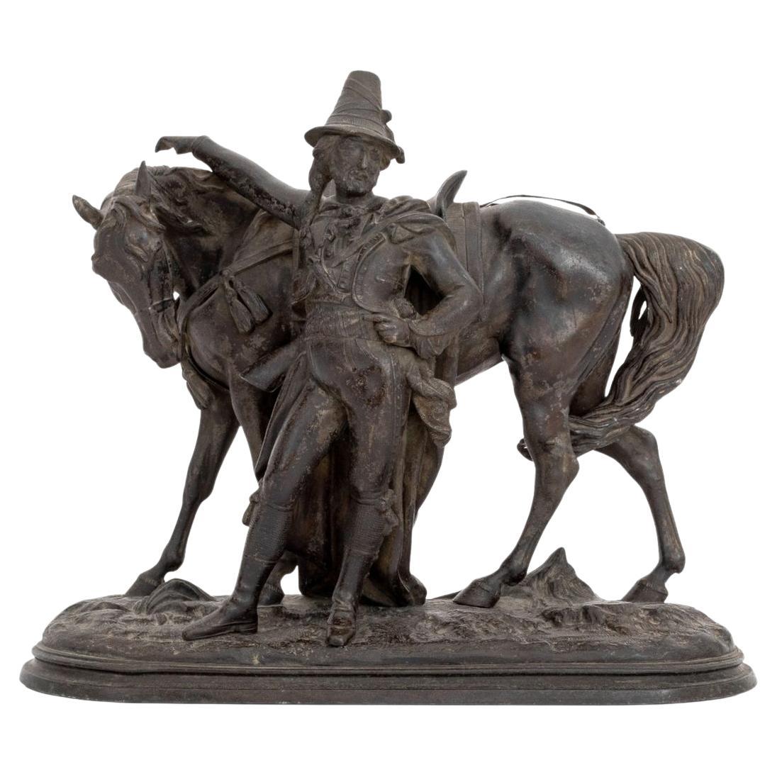 French Cavalier & Mount Patinated Metal Sculpture