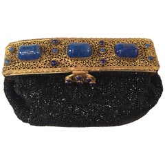 Vintage French Caviar Beaded Evening Bag with Lapis Lazuli Set Frame circa 1930