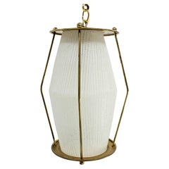 Vintage French Ceiling Lamp Brass  Glass Pendant Lustre, circa 1960