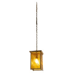 French Ceiling Lamp Brass Yellow Glass Pendant Lustre, circa 1970