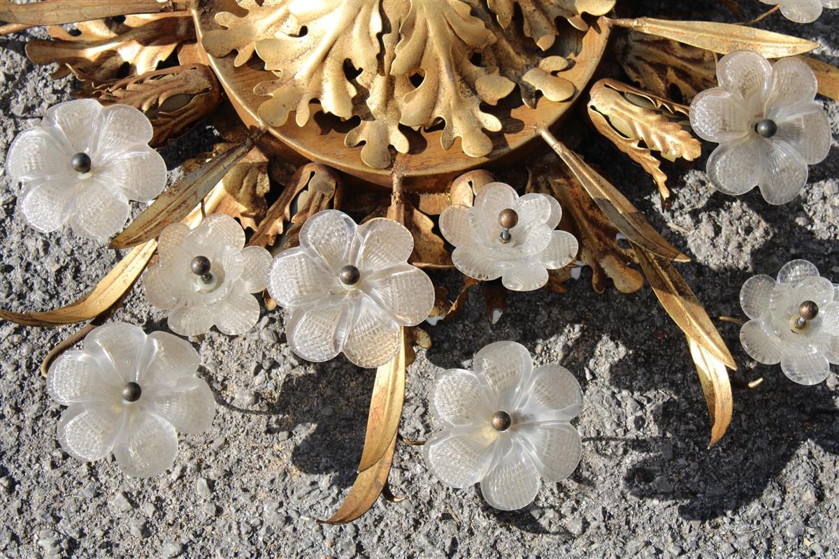 Mid-Century Modern French Ceiling Lamp from Around 1950 in Gilded Metal and Murano Glass Flowers