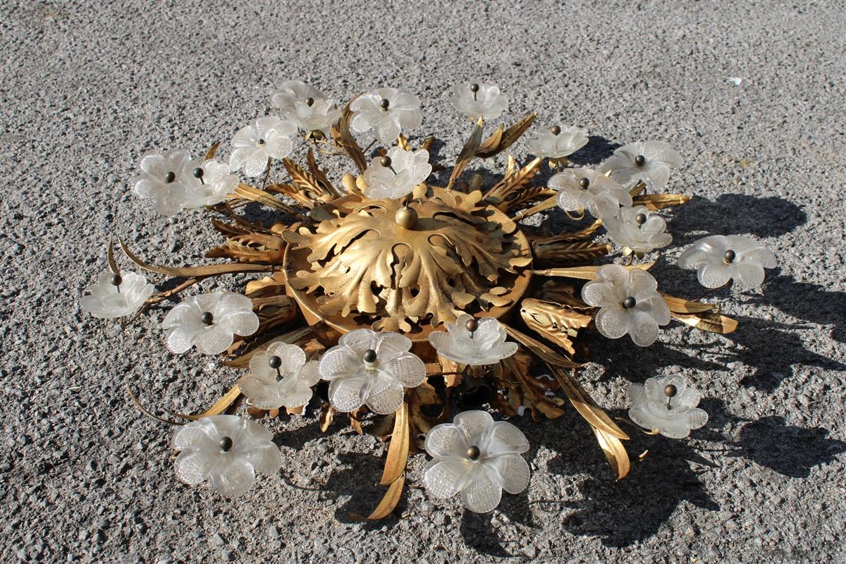 Mid-20th Century French Ceiling Lamp from Around 1950 in Gilded Metal and Murano Glass Flowers